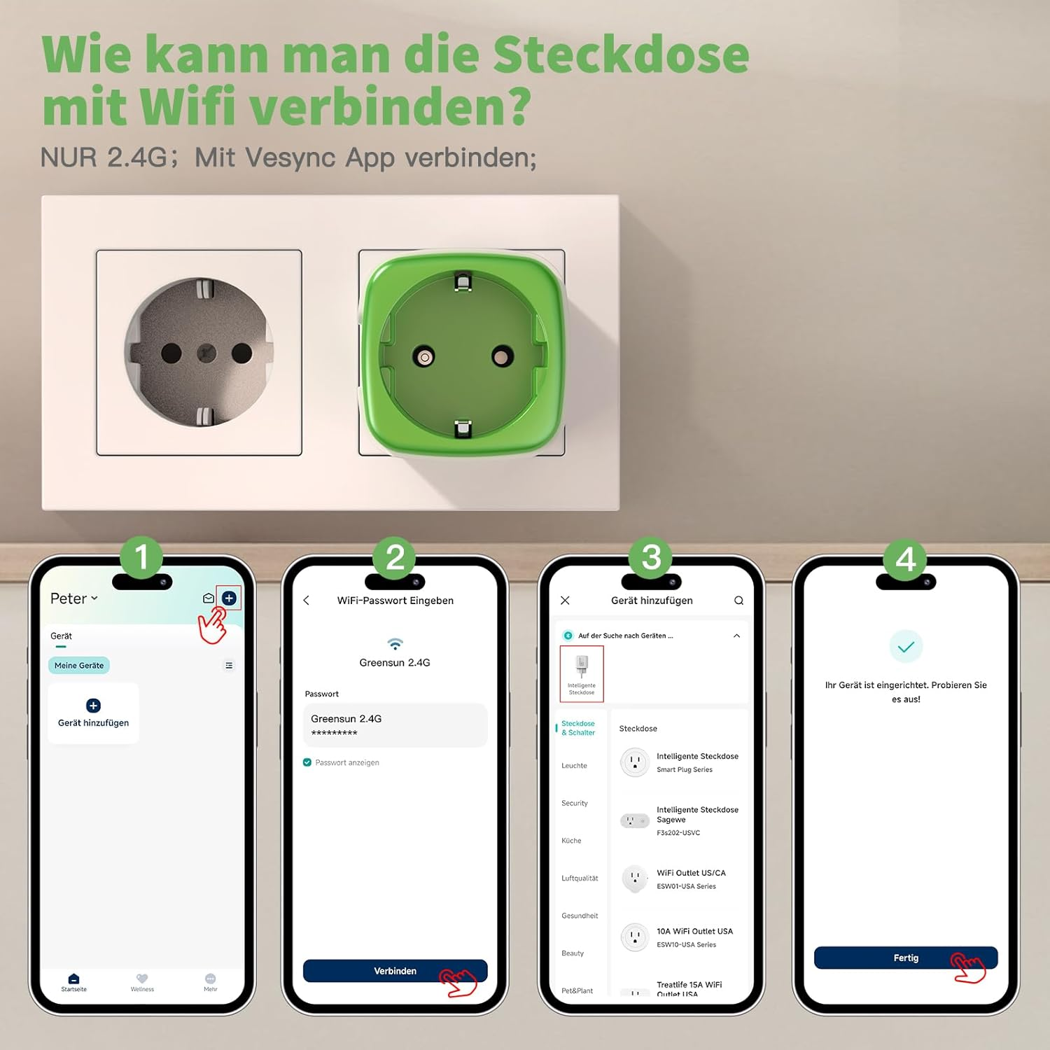 Das Bild zeigt Schritte zum Verbinden eines Smart-Steckers mit WLAN. Es umfasst einen Stecker, Telefonbildschirme und Textanweisungen.