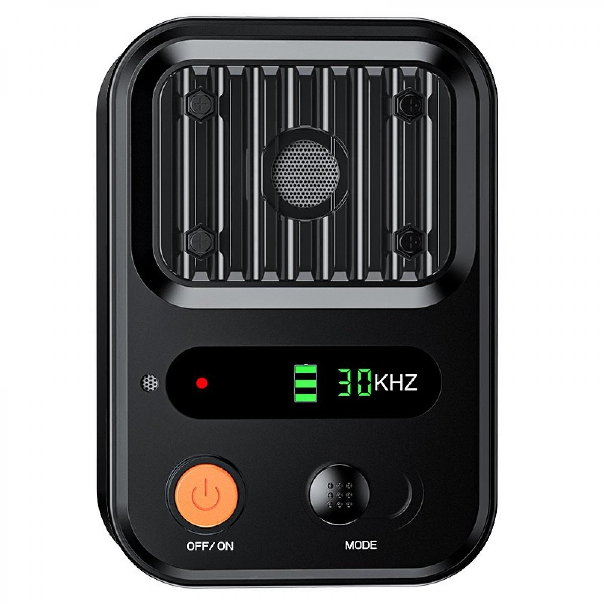 Schwarzes Gerät mit Lautsprechergrill, Ein-/Aus-Taste, Modustaste und Anzeige mit 30KHZ. Ein rotes Licht leuchtet.