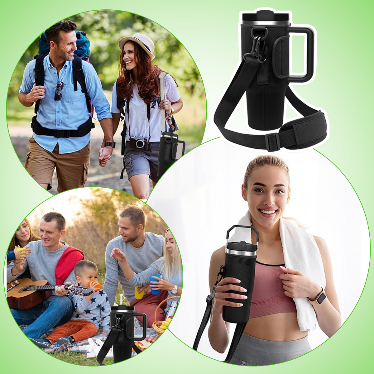 Das Bild zeigt Wanderer, ein Familienpicknick und eine Frau mit einer Wasserflasche in einem schwarzen Halter. Auch ein schwarzer Halter mit Griff ist abgebildet.