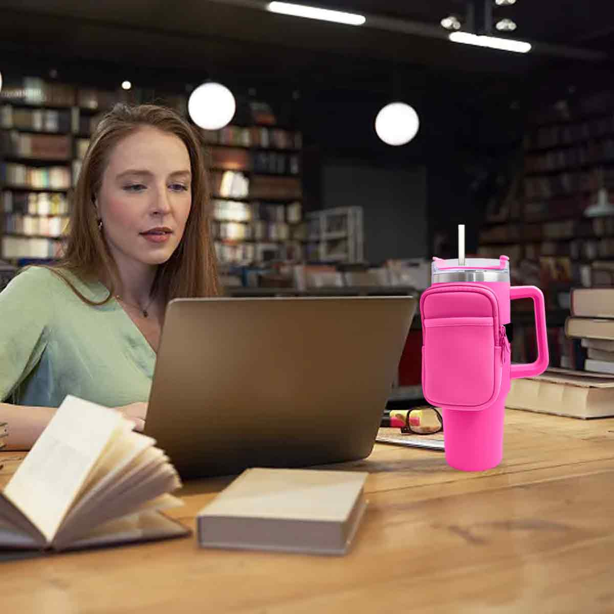 Eine Frau in einer Bibliothek arbeitet an einem Laptop. Rechts auf dem Schreibtisch steht ein rosa Becher mit Griff und Beutel.
