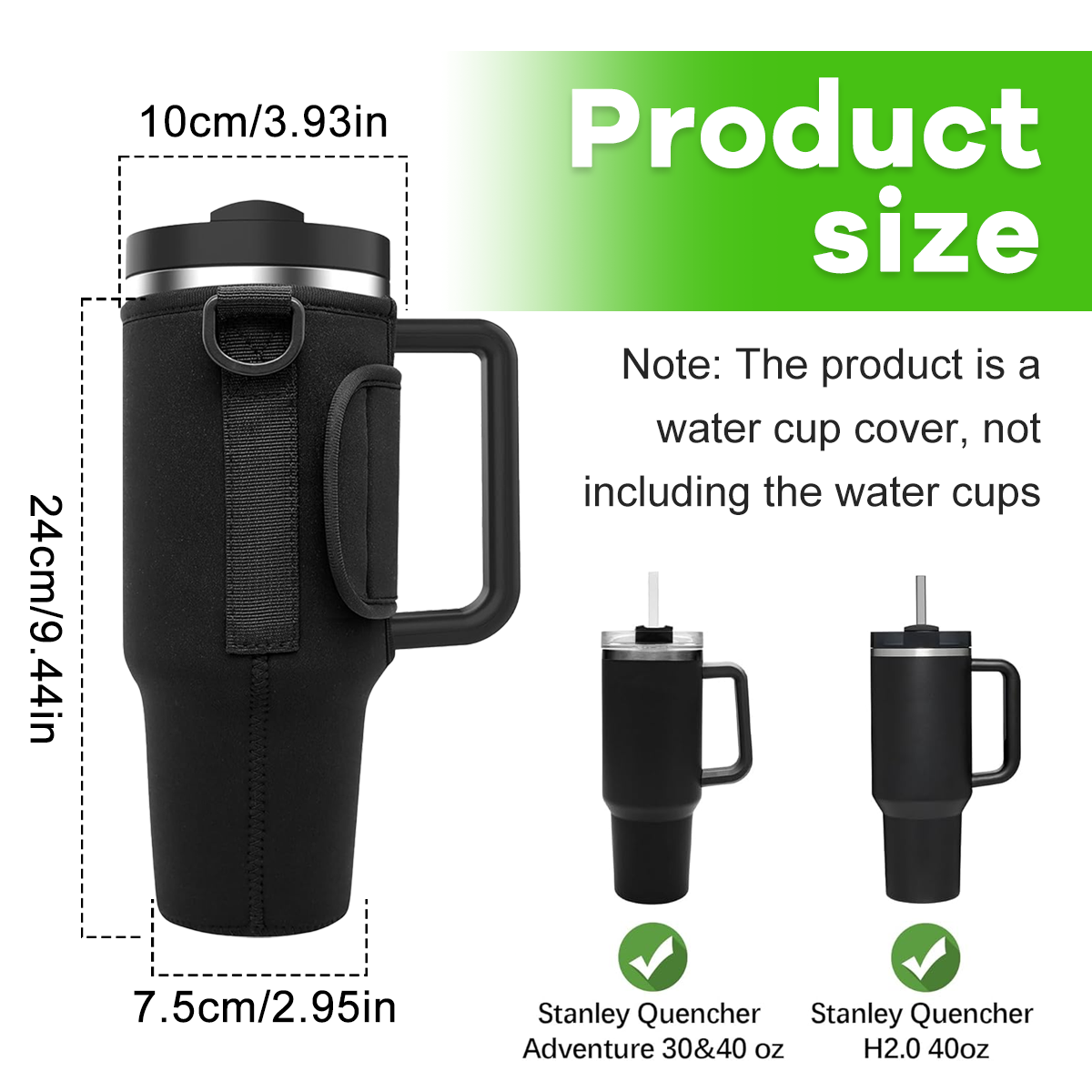 Das Bild zeigt eine schwarze Wasserbecherabdeckung mit Abmessungen. Unten befinden sich zwei schwarze Becher mit einem grünen Häkchen. Der Text sagt Stanley Quencher.