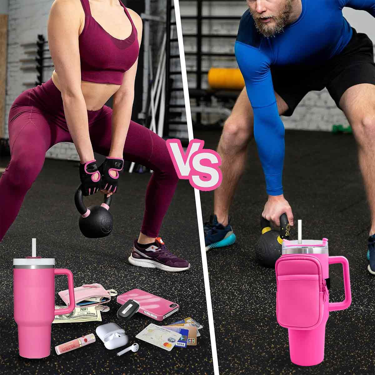 Zwei Personen heben Kettlebells. Eine Frau in Burgunderrot, ein Mann in Blau. Rosa Wasserflaschen und Zubehör im Vordergrund.
