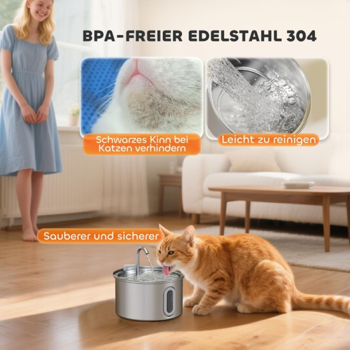 Eine Frau steht neben einer Katze, die aus einem Wasserbrunnen trinkt. Die Katze ist orange. Der Brunnen ist silberfarben. Text über das Produkt ist vorhanden.