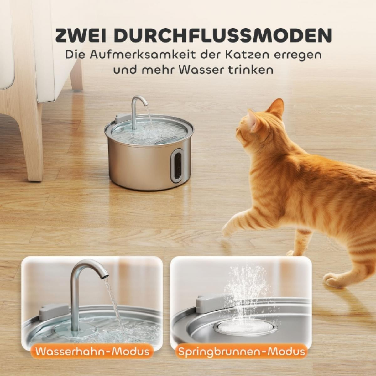 Eine Katze nähert sich einem Wasserbrunnen. Der Brunnen hat zwei Modi: Wasserhahn und Springbrunnen. Text: "Zwei Durchflussmodi."