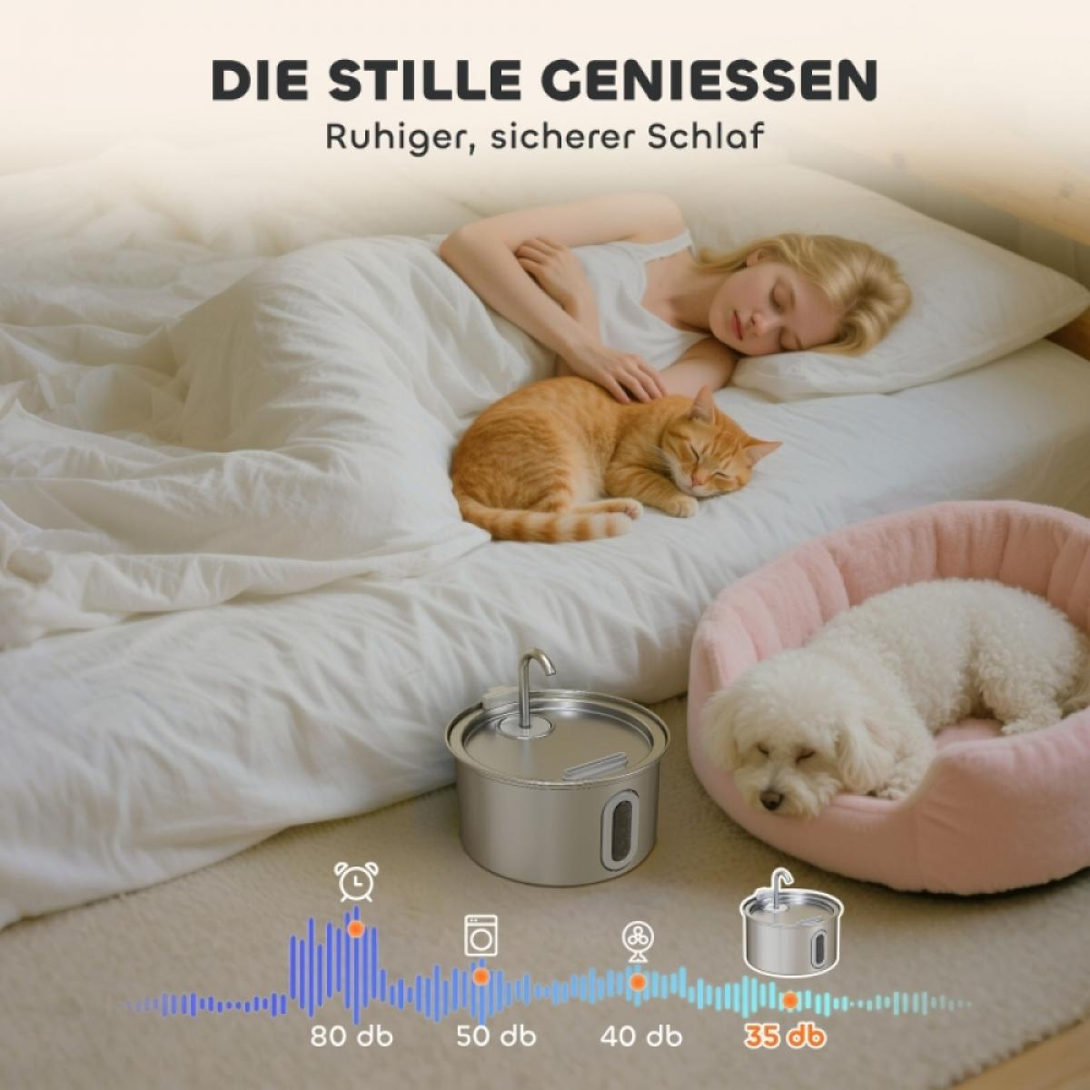 Eine Frau und eine Katze schlafen auf einem Bett. Ein Hund schläft in einem rosa Bett. Ein Wasserbrunnen befindet sich vor dem Bett.