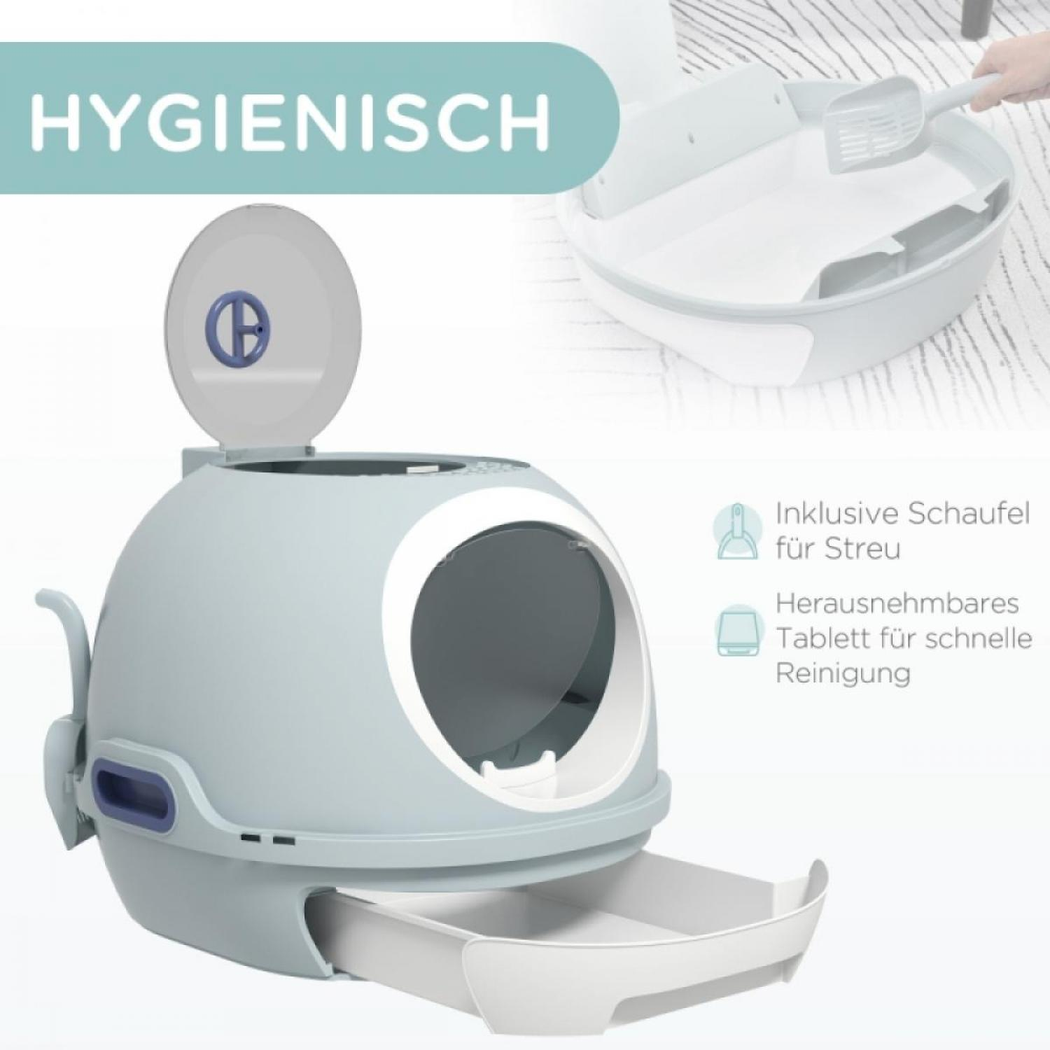 Eine hellblaue Katzentoilette mit Schaufel und herausnehmbarer Schale. Das Bild zeigt auch deutschen Text über Hygiene.