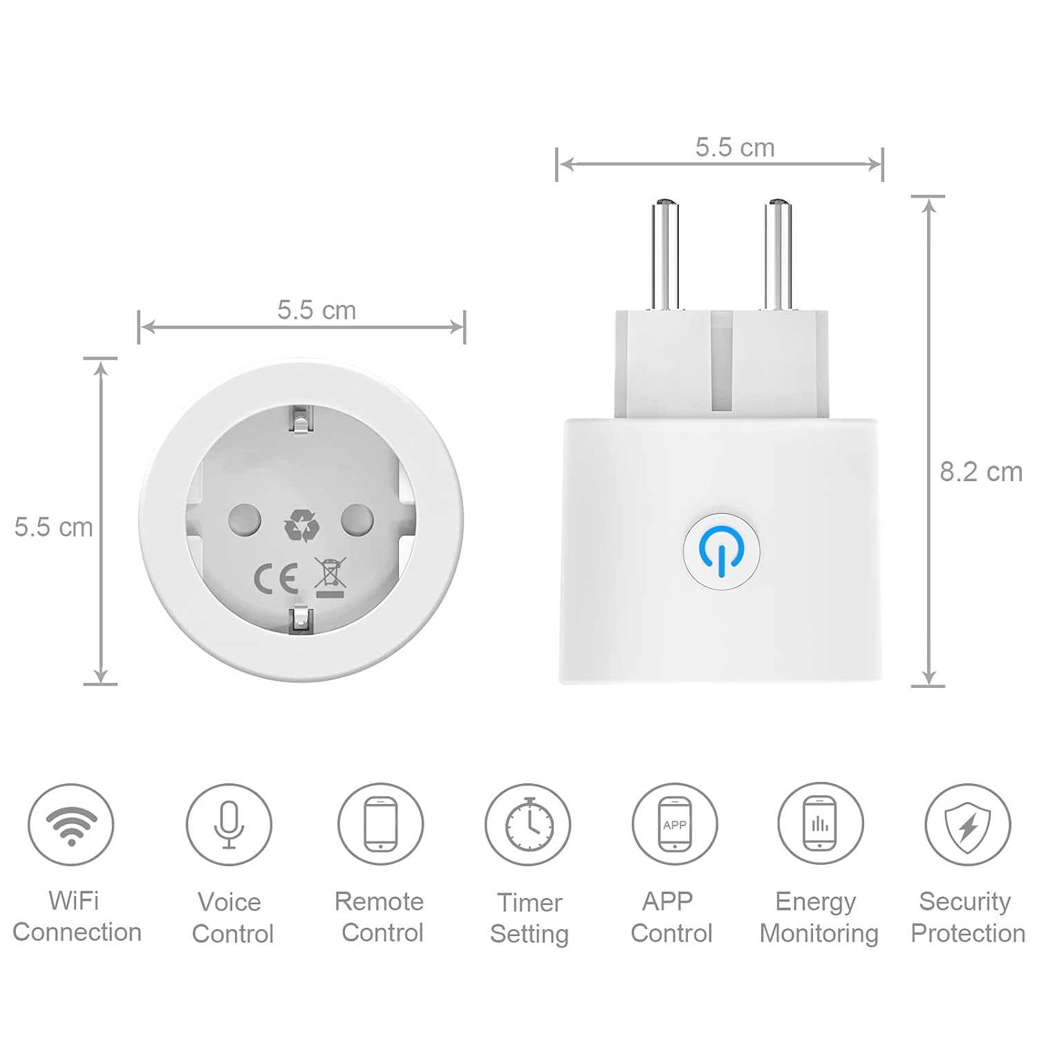 Weißer Smart-Stecker mit Abmessungen, Ein-/Aus-Taste und Symbolen für Funktionen wie WLAN, Sprachsteuerung und Energiemonitoring.