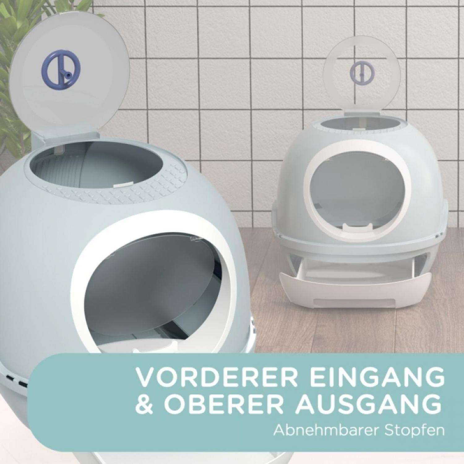 Zwei hellblaue Katzentoiletten mit offenen Deckeln. Text unten: VORDERER EINGANG & OBERER AUSGANG.