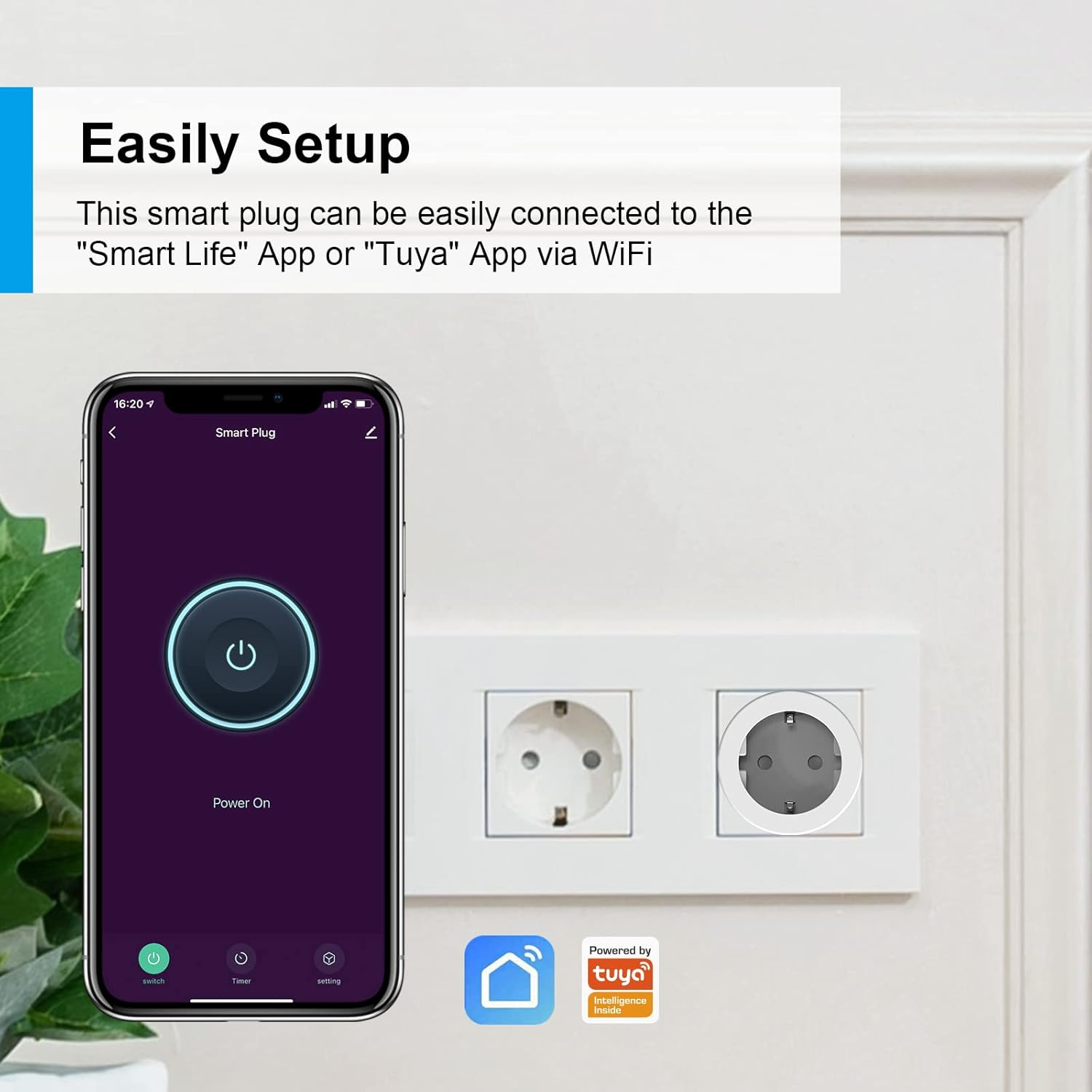 Telefon, das eine Smart-Plug-App mit Ein-/Aus-Taste zeigt, in der Nähe einer Steckdose. Text: 'Einfache Einrichtung'. Tuya- und Smart Life-Logos.