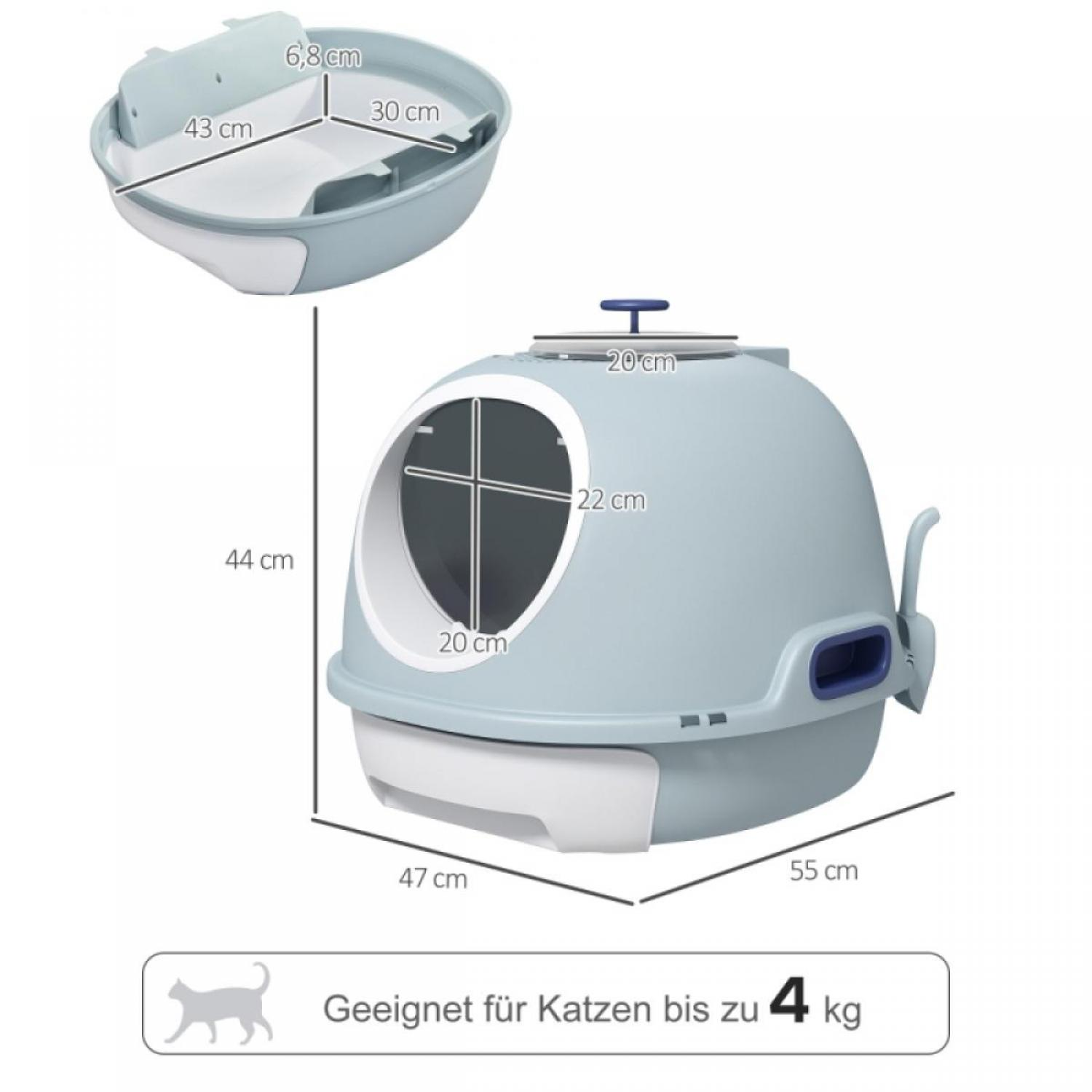 Eine blau-weiße Katzentoilette mit Maßangaben. Geeignet für Katzen bis zu 4 kg. Eine separate obere Komponente ist abgebildet.