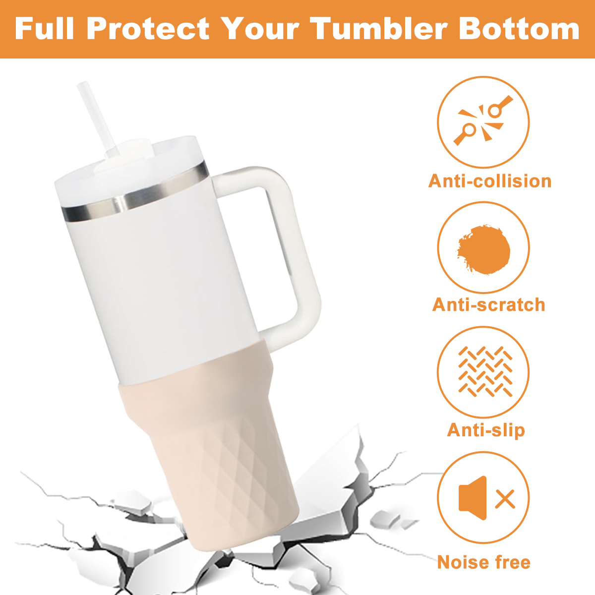 Ein weißer Becher mit Henkel und Strohhalm ist geneigt und ruht auf einer zerbrochenen Oberfläche. Symbole zeigen Anti-Kollision, Kratzer, Rutschfestigkeit und Geräuschfreiheit an.