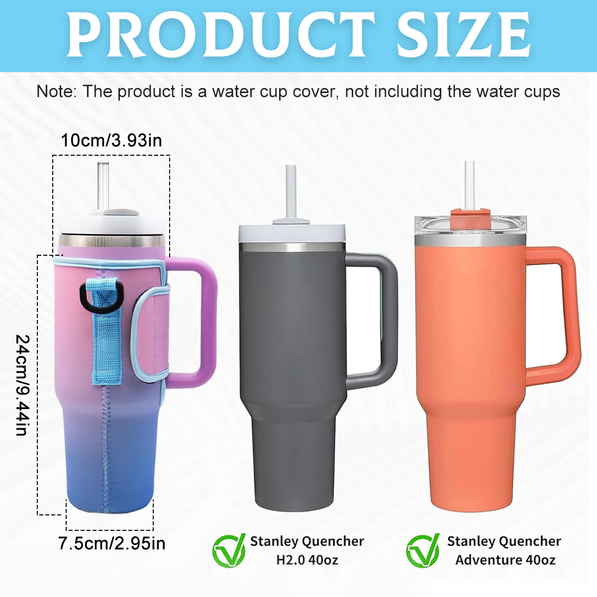Das Bild zeigt drei Stanley Quencher Wasserflaschen mit Hüllen. Abmessungen und Namen sind beschriftet. Rosa, grau und orange Farben sind sichtbar.