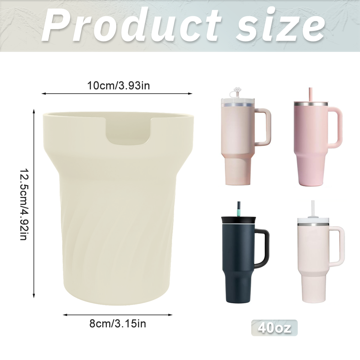 Das Bild zeigt Produktgrößeninformationen für einen Becher. Es enthält Abmessungen, einen beigen Becher und vier Becher in verschiedenen Farben.