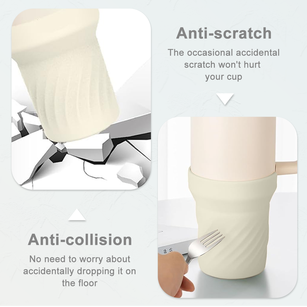 Das Bild zeigt einen Becher, der auf Kratz- und Kollisionsschutz getestet wird. Der Becher ist beige und wird gegen eine kaputte Oberfläche und eine Gabel getestet.