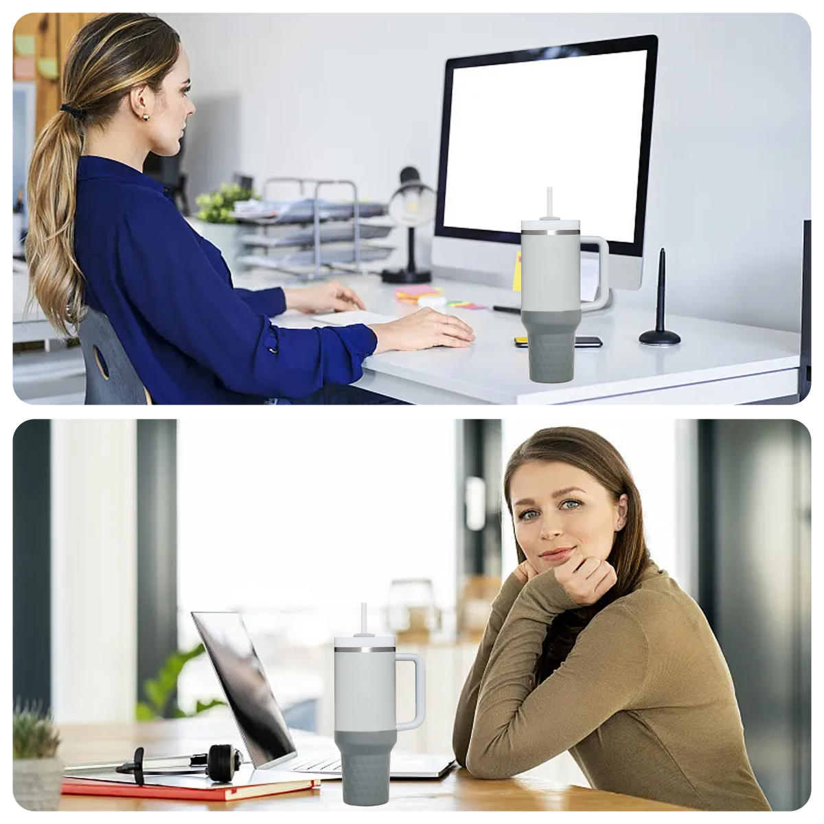 Zwei Frauen an Schreibtischen. Eine arbeitet am Computer, die andere schaut in die Kamera. Auf jedem Schreibtisch steht ein großer Becher.