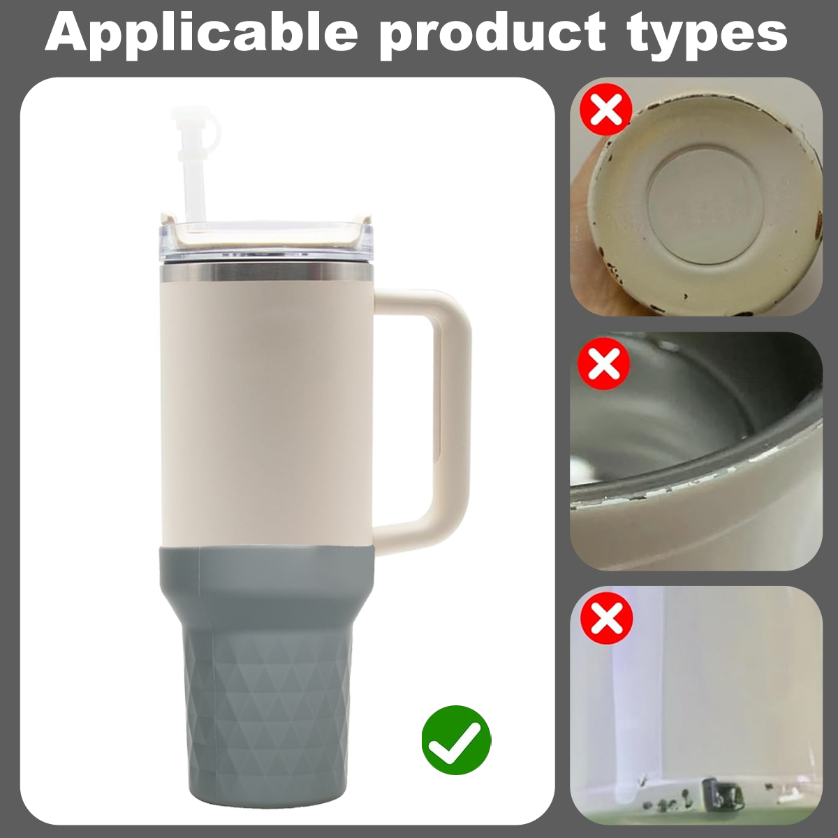 Ein beigefarbener und grauer Becher mit Henkel und Strohhalm, der als anwendbar gekennzeichnet ist. Drei Bilder mit roten X zeigen nicht zutreffende Merkmale.