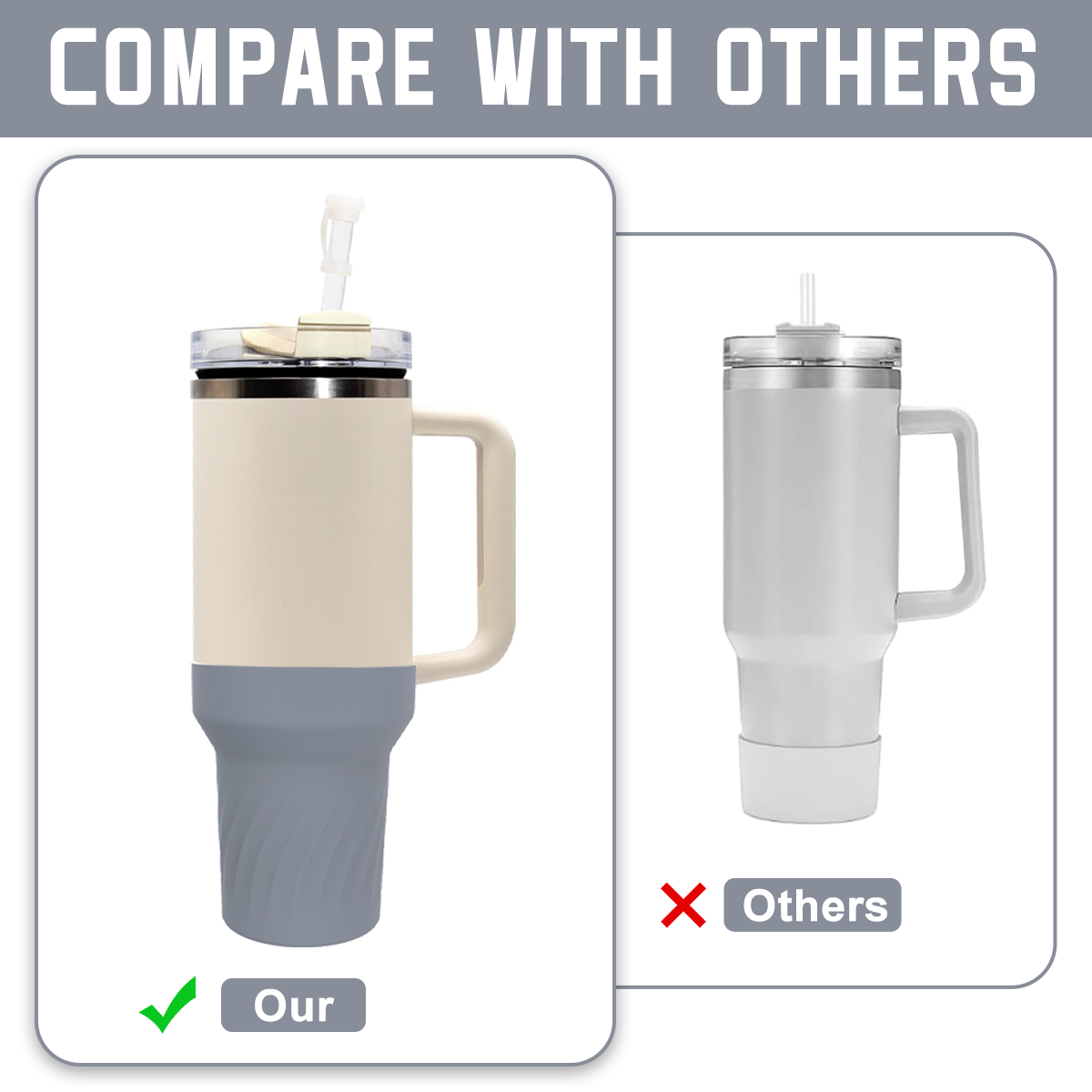 Vergleichsbild: eine beige und graue Tasse mit Strohhalm und Griff, markiert mit "Unsere", neben einer ähnlichen weißen Tasse mit "Andere" und einem roten X.
