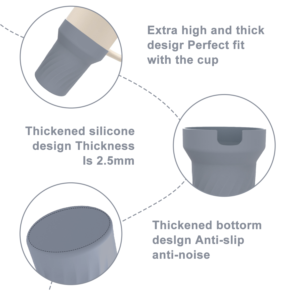 Diagramm zeigt Teile eines Bechers. Details: verdicktes Silikondesign, hohes und dickes Design und rutschfester Boden. Text ist enthalten.