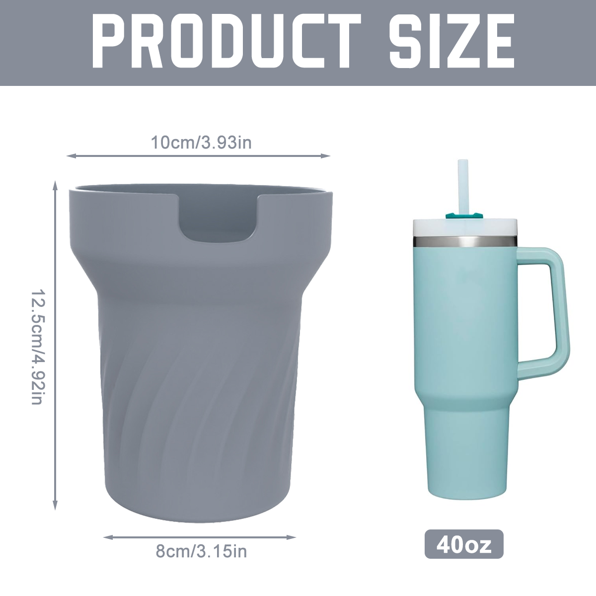 Das Bild zeigt einen grauen Becher und einen blauen Becher mit Griff und Strohhalm. Abmessungen sind angegeben. Text lautet 'Produktgröße'.