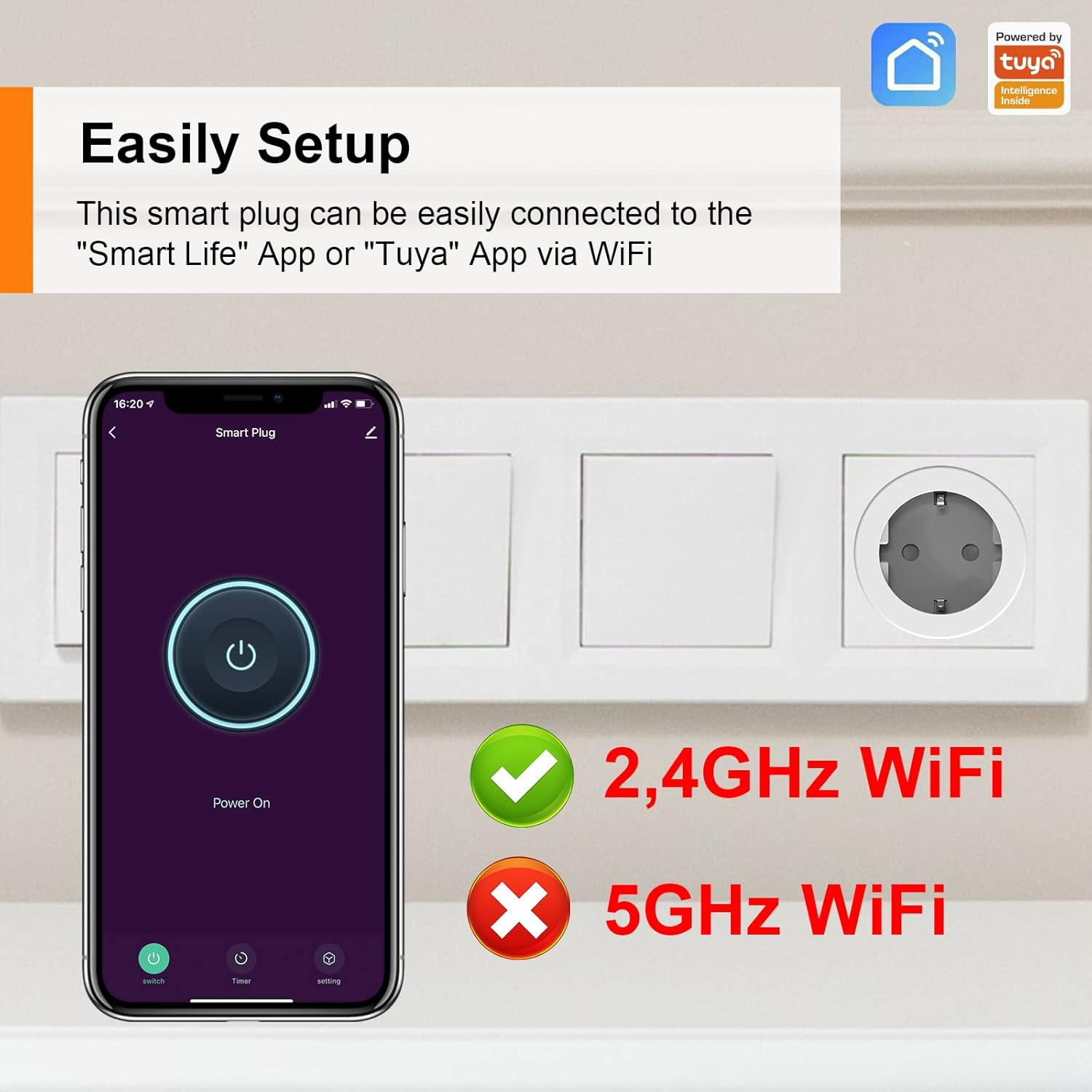 Smartphone zeigt eine Smart-Plug-App mit Ein/Aus-Taste. 2,4-GHz-WLAN wird unterstützt. 5-GHz-WLAN wird nicht unterstützt. Weiße Wand mit Steckdosen.