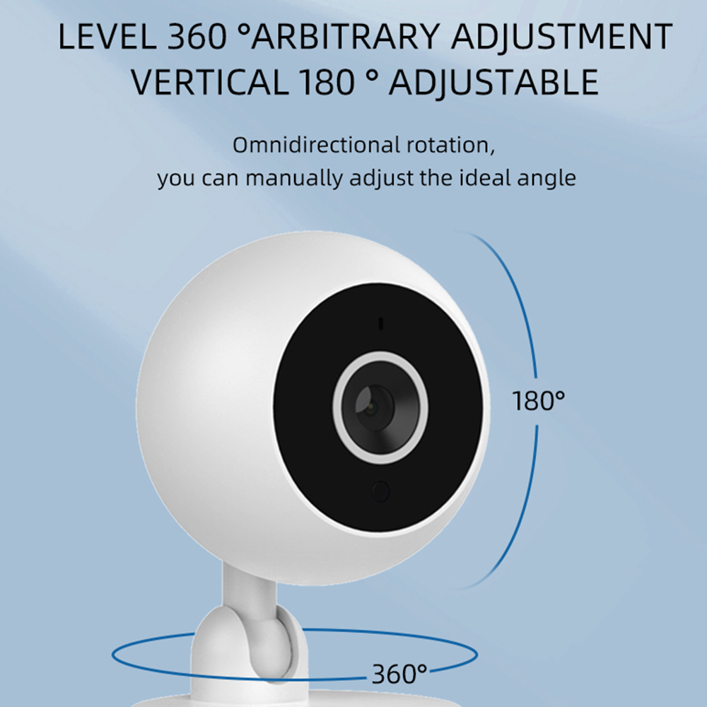 Eine weiße Kamera mit schwarzem Objektiv wird gezeigt. Sie hat einen 360- und 180-Grad-Einstellbereich. Der Text besagt, dass sie eine omnidirektionale Rotation hat.