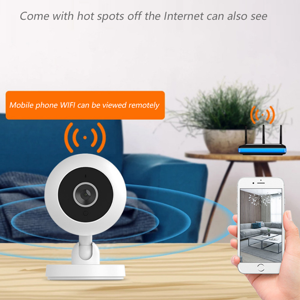 Eine weiße Überwachungskamera mit WLAN-Signal, ein Telefon mit Wohnzimmer, und ein Router auf einem Tisch. Der Text sagt 'Mobile phone WIFI'.