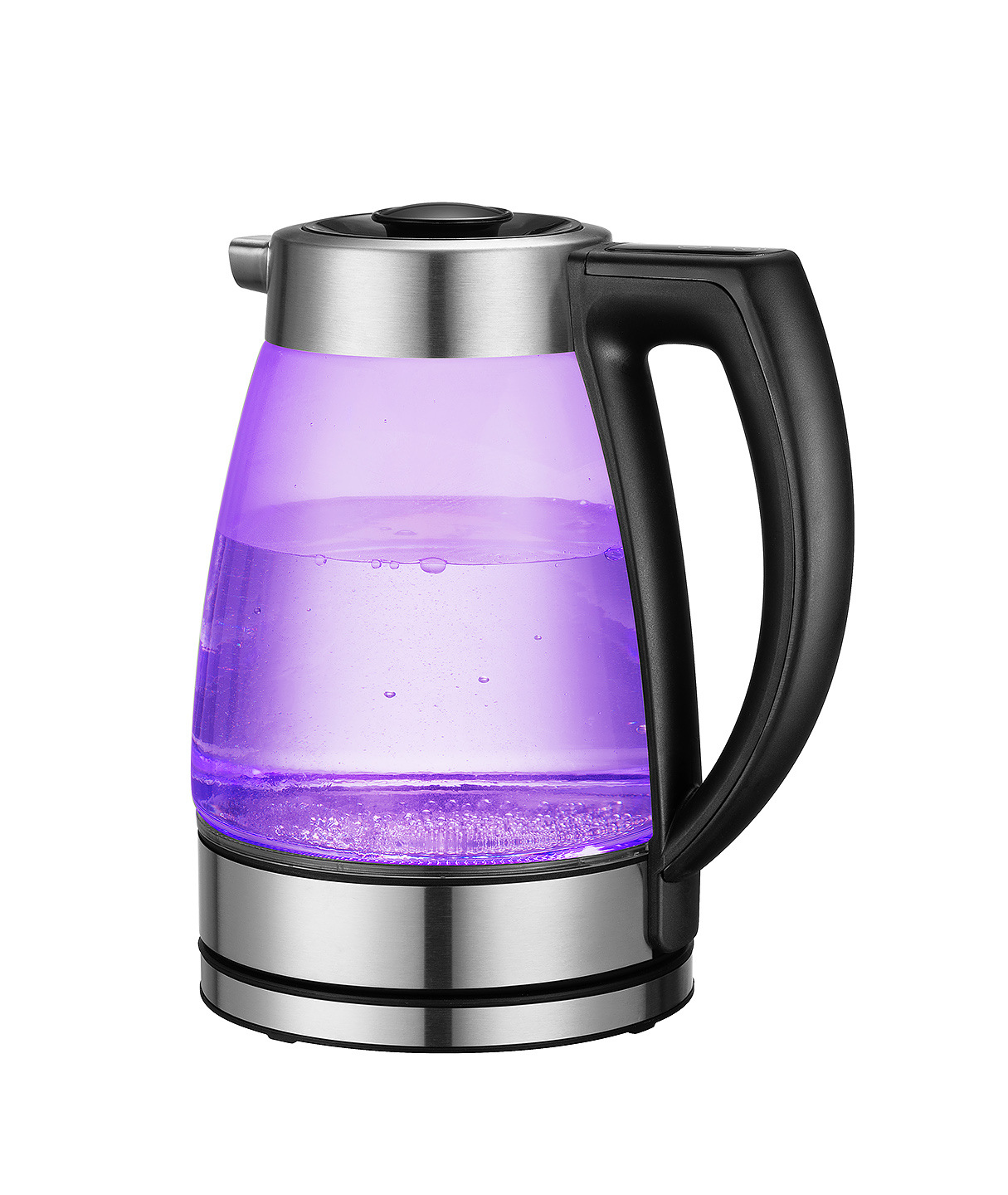 Ein klarer elektrischer Glaskessel mit violettem Wasser. Er hat einen schwarzen Griff und einen silbernen Sockel, isoliert auf weißem Grund.