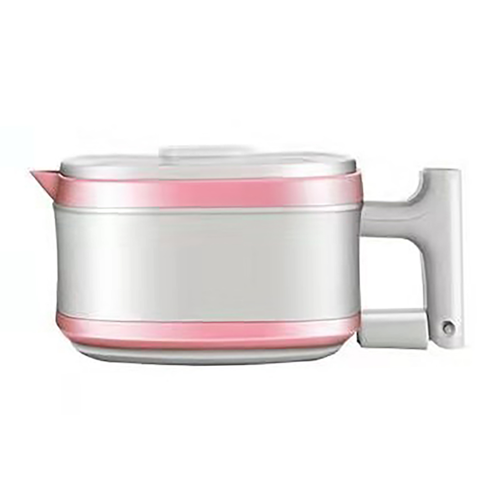 Ein weiß-rosa elektrischer Wasserkocher mit Griff. Der Wasserkocher steht vor weißem Hintergrund. Der Wasserkocher hat einen Ausguss.