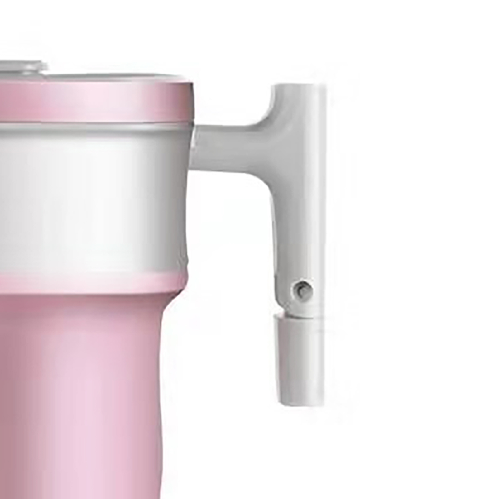 Eine rosa und weiße Tasse mit einem grauen Griff wird angezeigt. Die Tasse hat einen rosa Sockel und einen weißen Deckel mit rosa Rand. Der Griff ist grau.