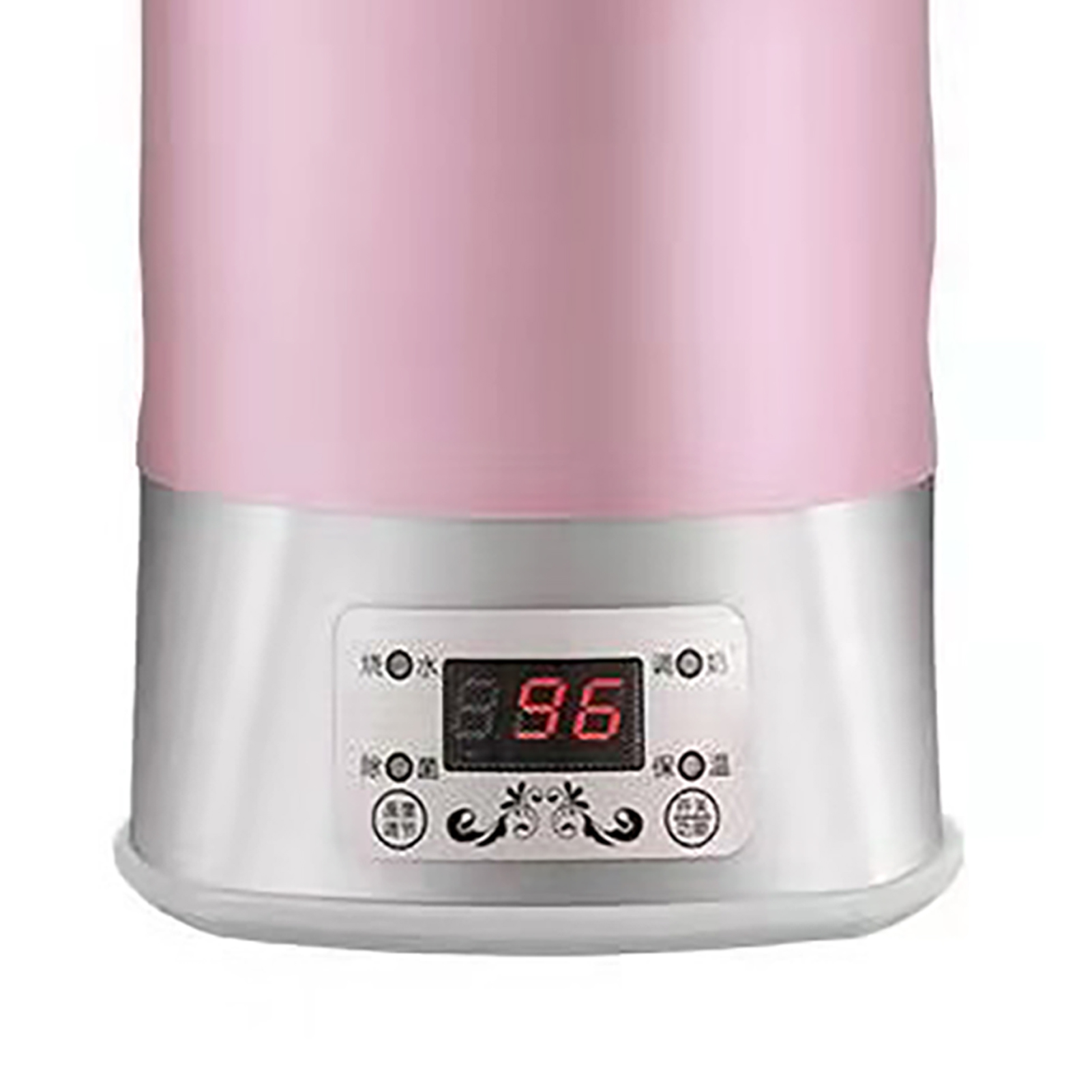 Ein rosa-silberner Wasserkocher mit digitaler Anzeige 96. Er hat Steuertasten.