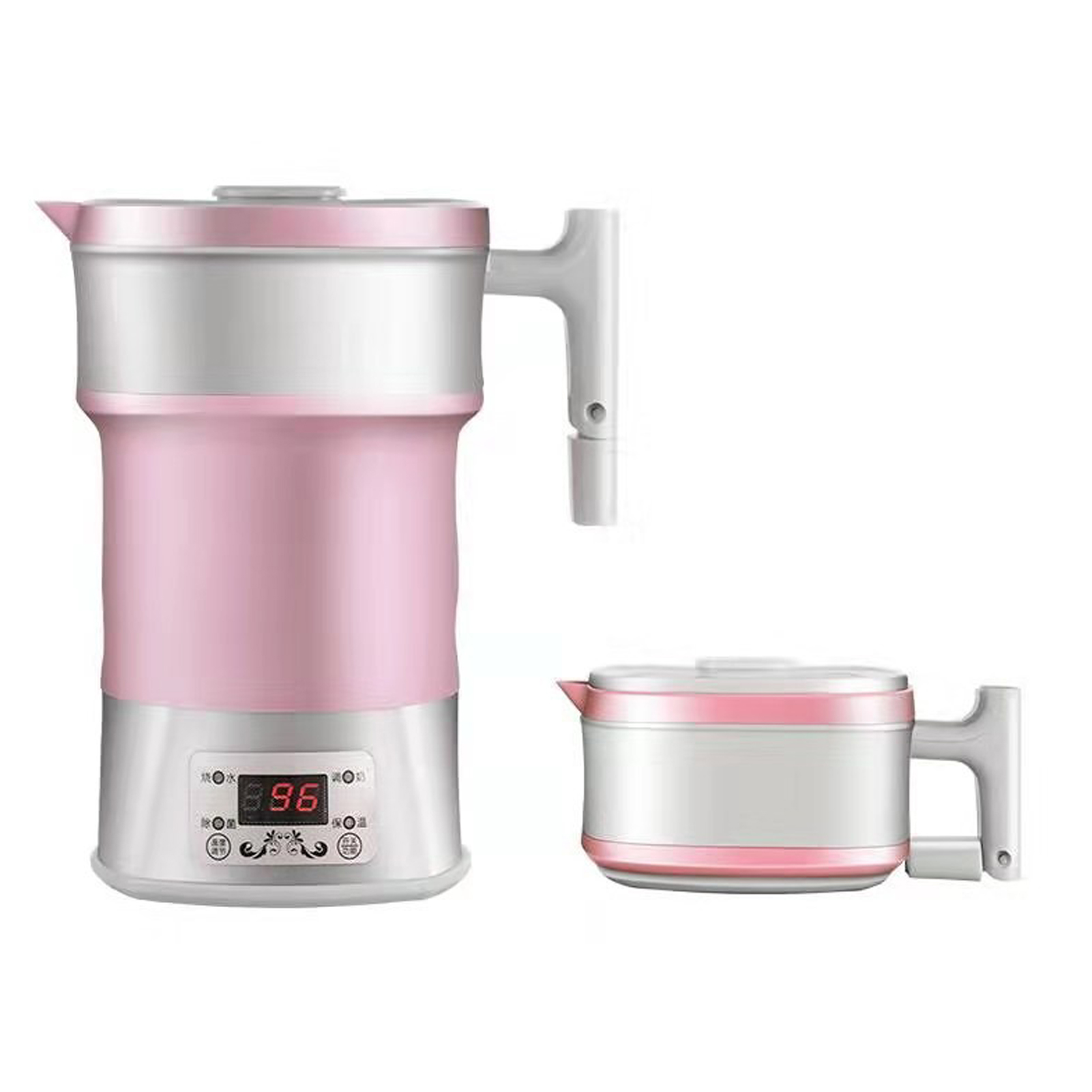 Zwei elektrische Wasserkocher, einer groß und einer klein, sind abgebildet. Beide sind rosa und silber, mit Griffen. Der große hat eine Digitalanzeige.