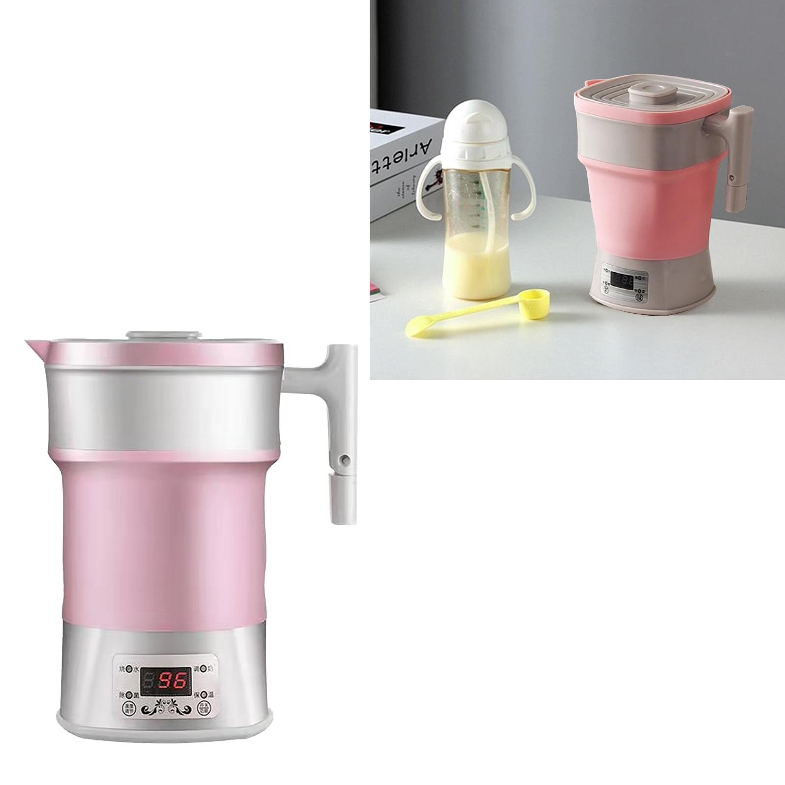 Rosa-silberner elektrischer Wasserkocher, kleine Wasserflasche und Löffel auf dem Tisch.
