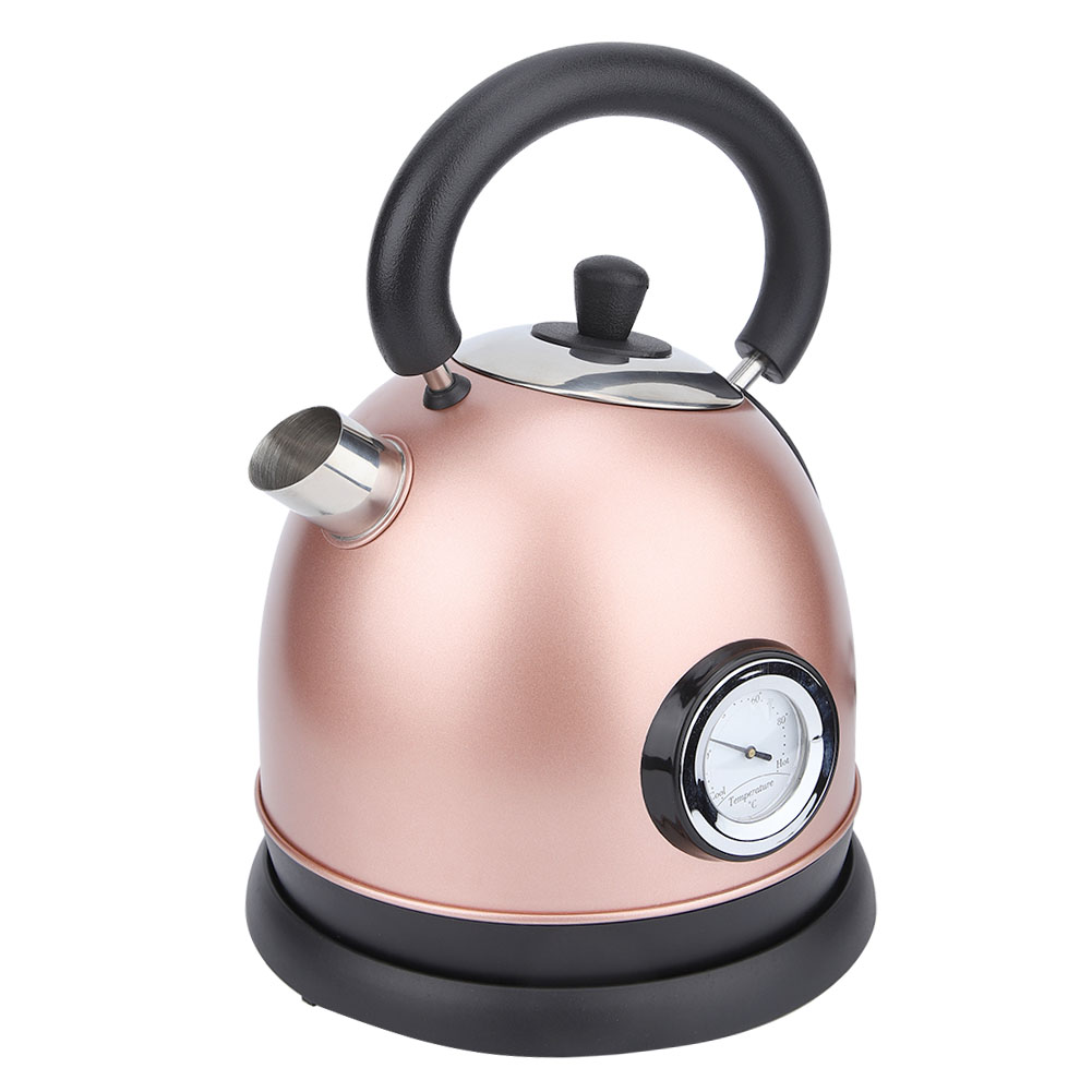 Ein roségoldener Wasserkocher mit schwarzem Griff, Sockel und Deckel. Er hat ein Thermometer und einen Ausguss. Er steht auf weißem Grund.