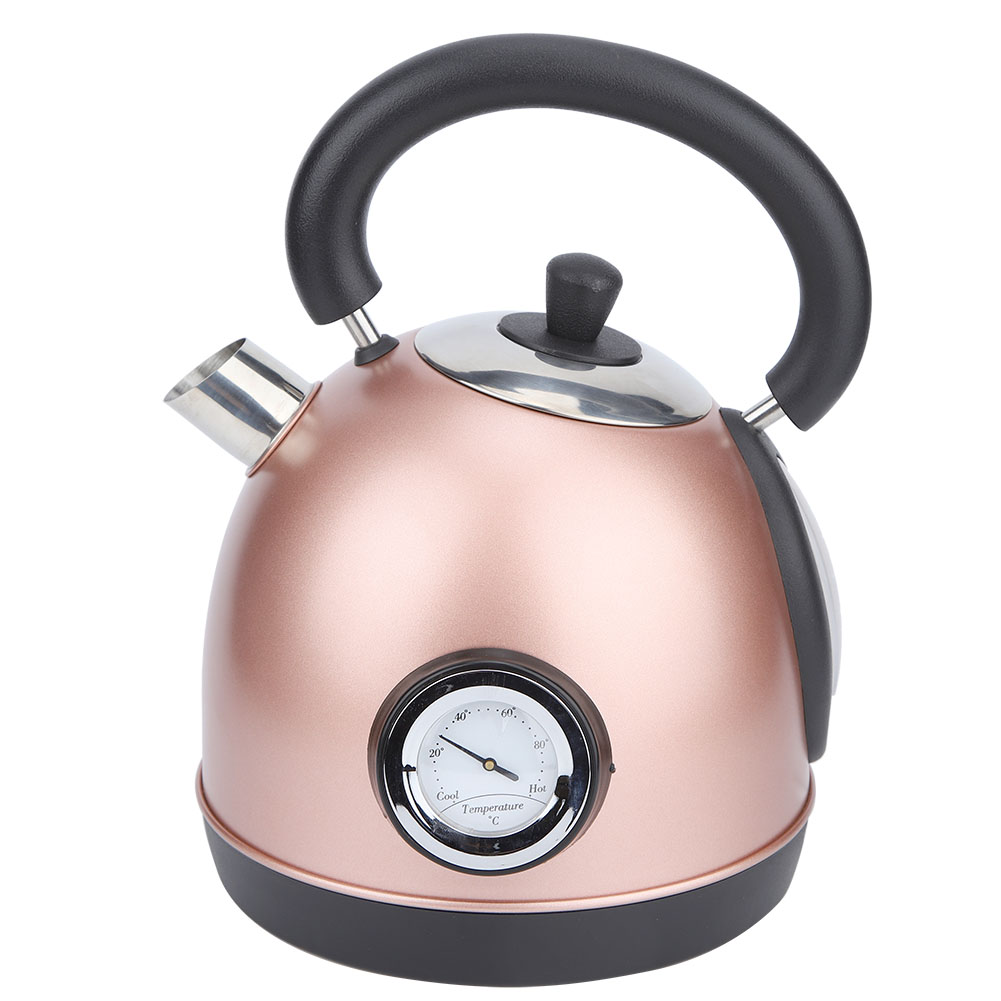 Ein roségoldener Wasserkocher mit schwarzem Griff und Boden. Er hat eine Temperaturanzeige und einen silbernen Ausguss.