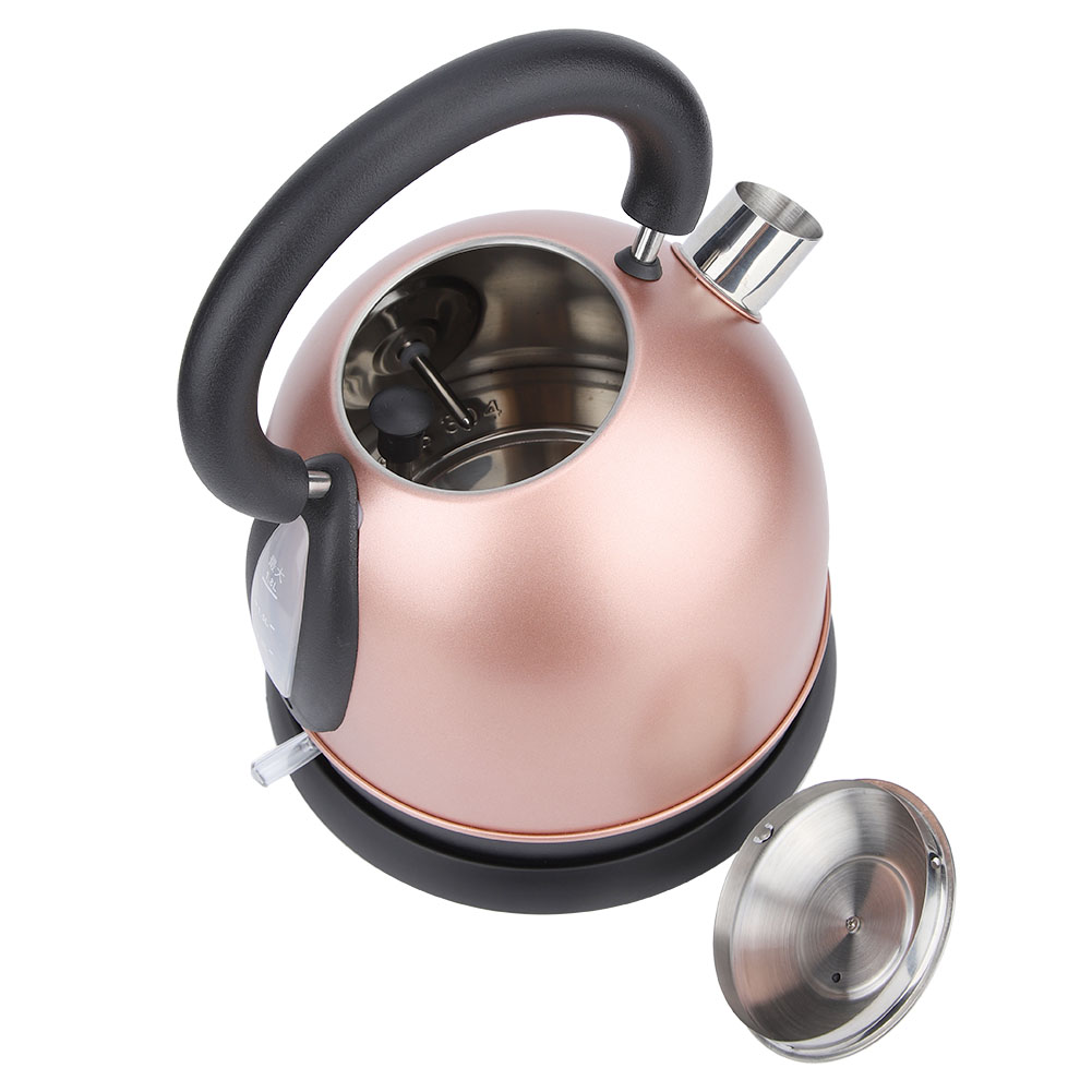 Ein roségoldener Wasserkocher, schwarzer Griff, Deckel abgenommen, auf einem schwarzen Sockel. Innen ist der Edelstahl sichtbar.
