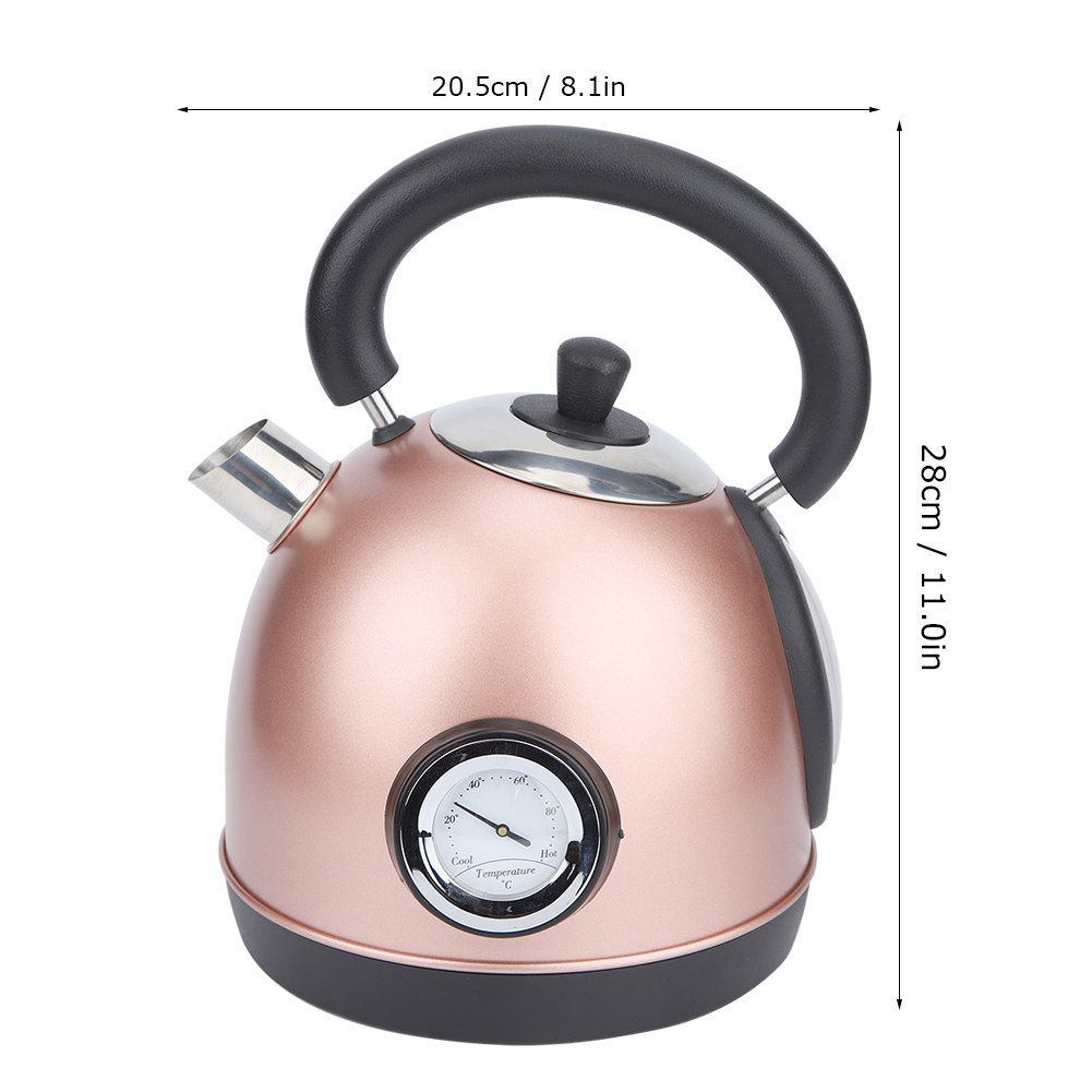 Roségoldener Wasserkocher mit schwarzem Griff und Sockel. Er hat eine Temperaturanzeige und einen Ausguss.