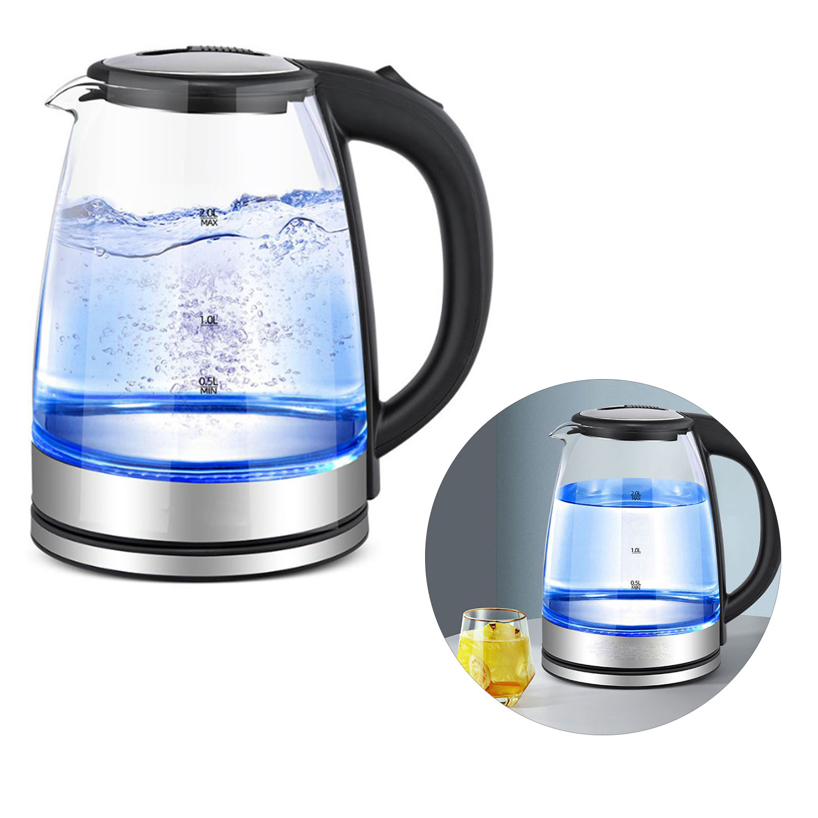 Ein elektrischer Glaskessel mit kochendem Wasser, schwarzem Griff und Boden. Ein kleineres Bild des Kessels in einem kreisförmigen Rahmen ist vorhanden.