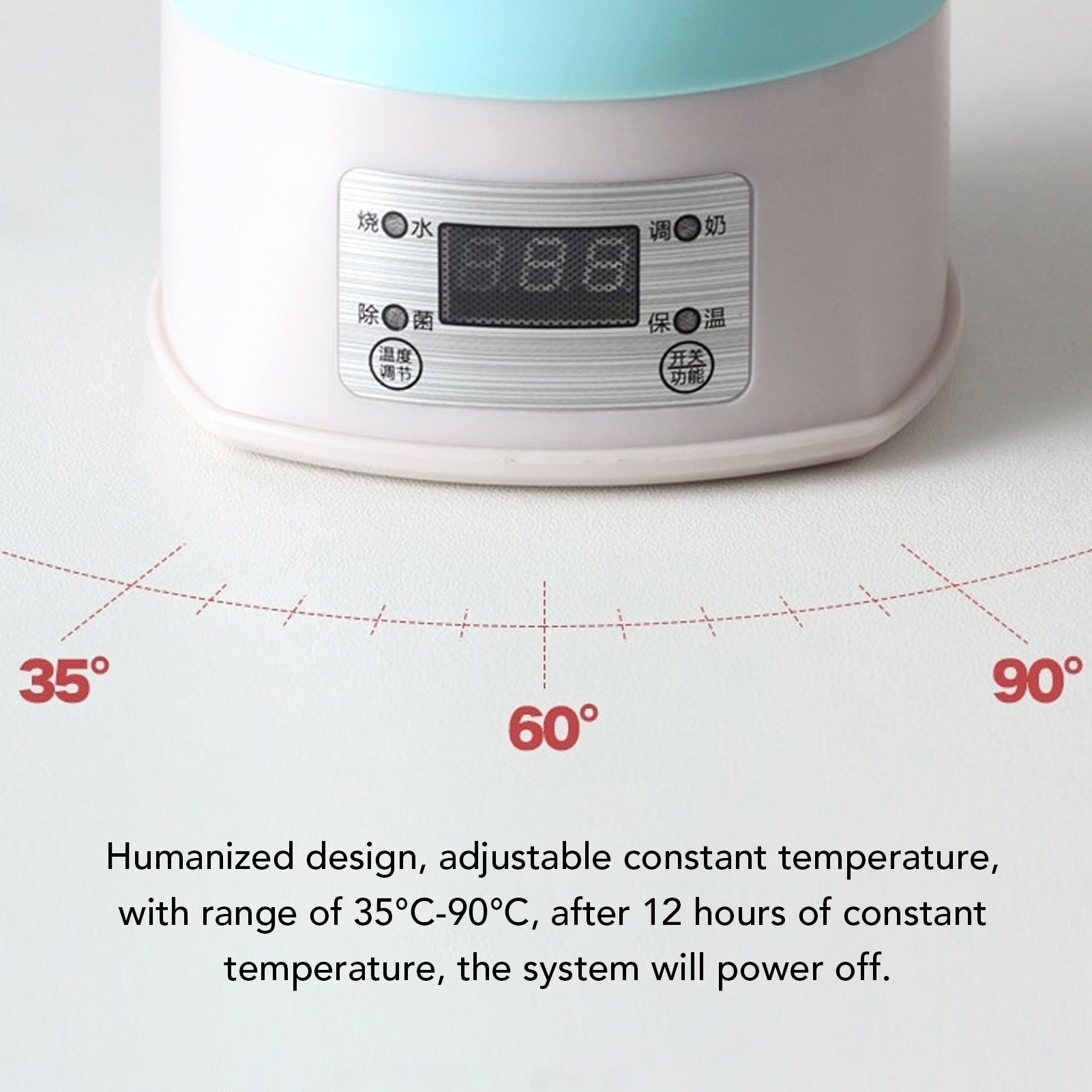 Ein Babyflaschenwärmer mit Digitalanzeige und Bedienelementen, die 888 anzeigen. Temperaturen reichen von 35°C bis 90°C.