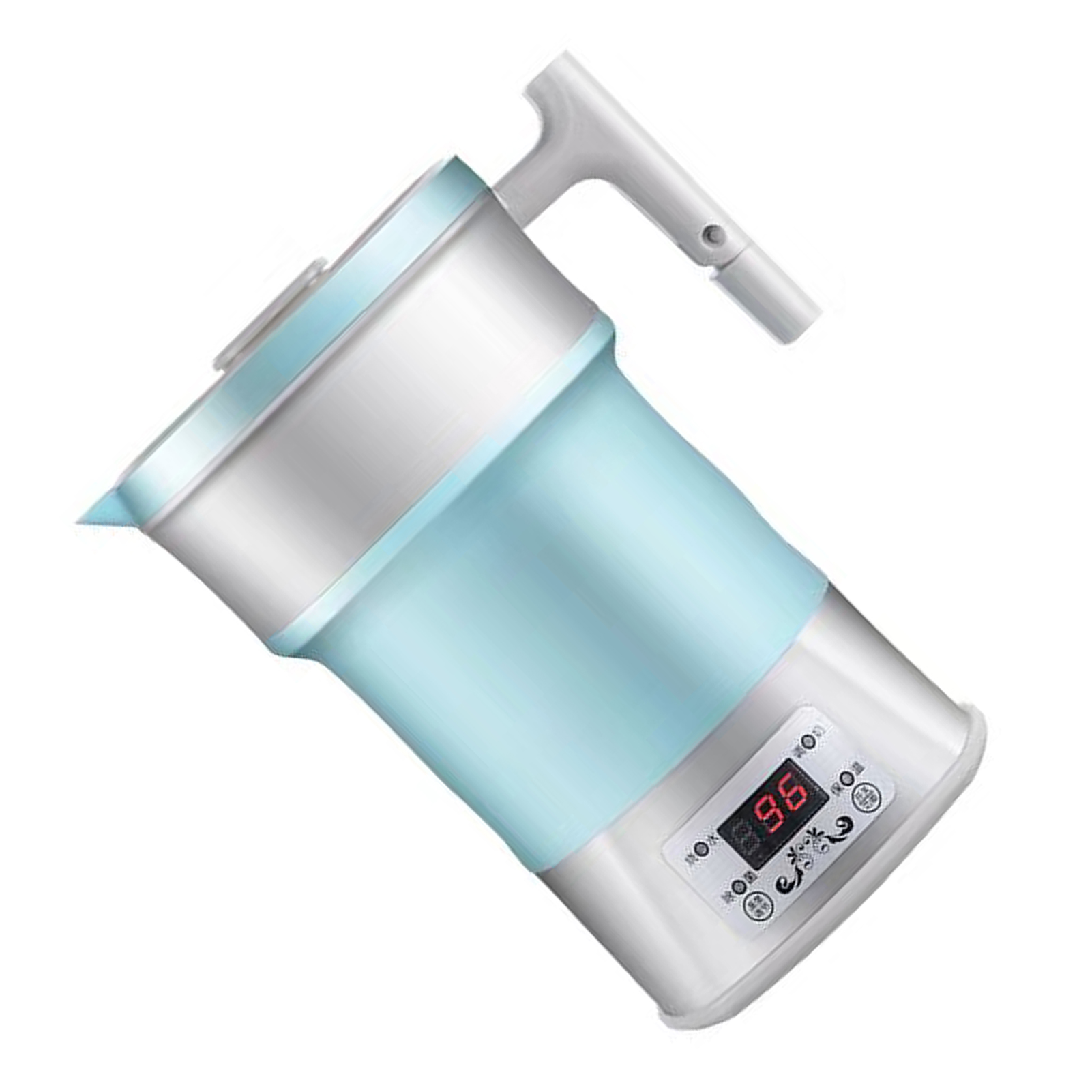 Ein blau-weißer, zusammenklappbarer Wasserkocher mit Griff und Digitalanzeige mit 96 Grad.