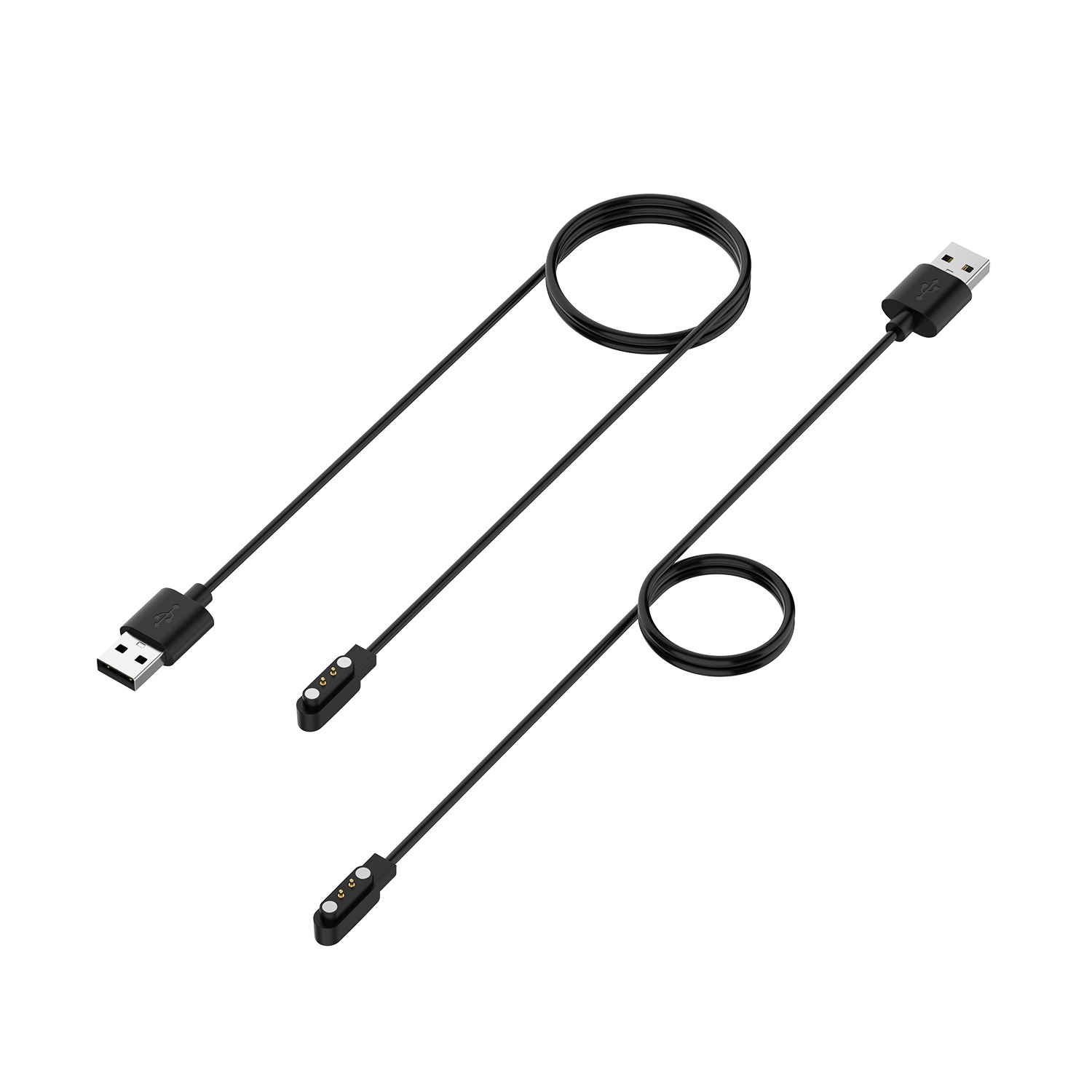 Zwei schwarze Ladekabel mit USB-Anschlüssen und kreisförmigen magnetischen Ladeköpfen auf weißem Hintergrund.