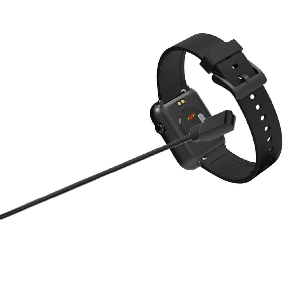 Eine schwarze Smartwatch mit einem angeschlossenen Ladekabel. Die Uhr befindet sich auf weißem Hintergrund. Der Riemen ist geschnallt.