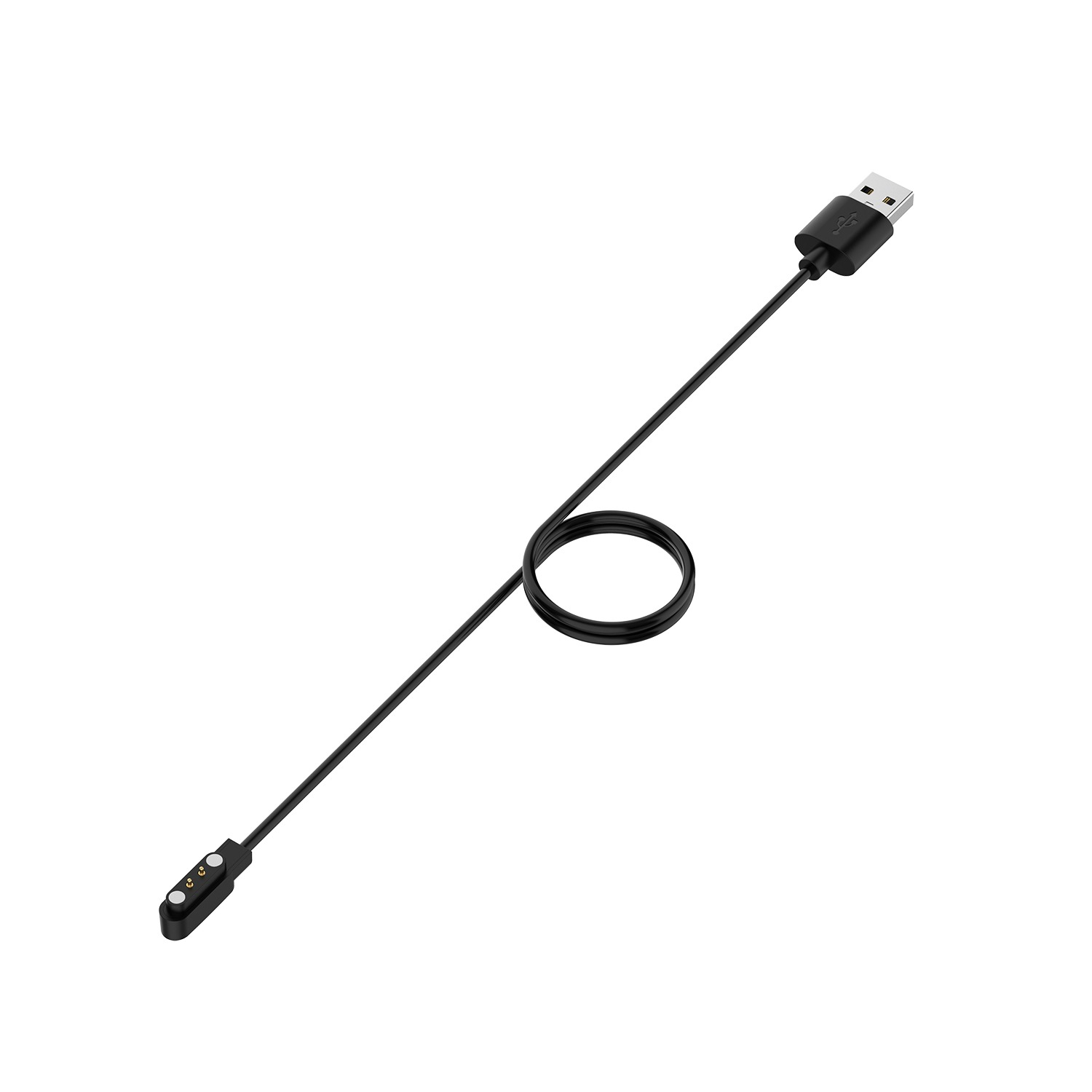 Schwarzes USB-Ladekabel mit USB-A-Anschluss an einem Ende und einem magnetischen Lade-Pad am anderen Ende.