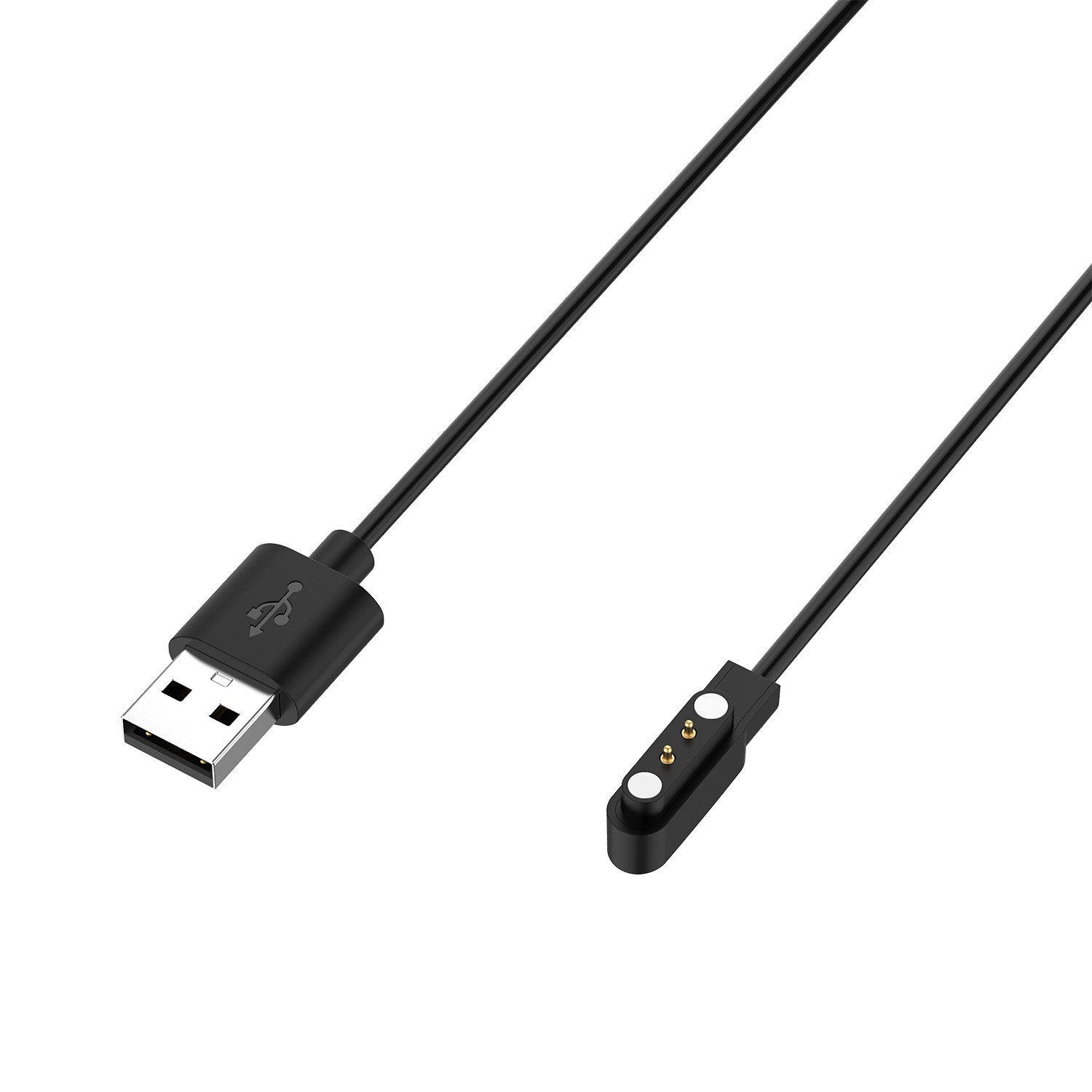 Ein schwarzes USB-Ladekabel mit USB-Anschluss und magnetischem Ladeende auf weißem Hintergrund.