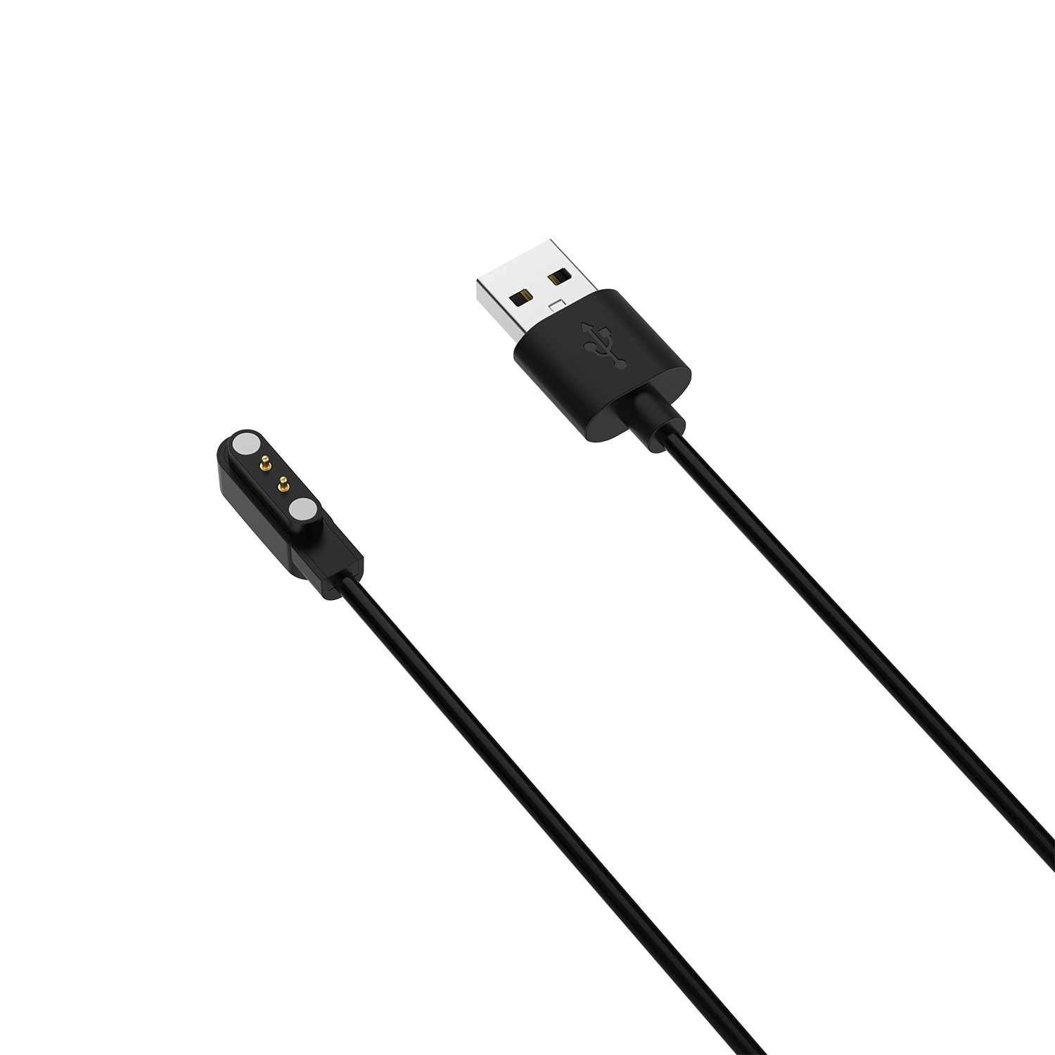 Schwarzes USB-Ladekabel mit magnetischem Ladekopf. Weißer Hintergrund.