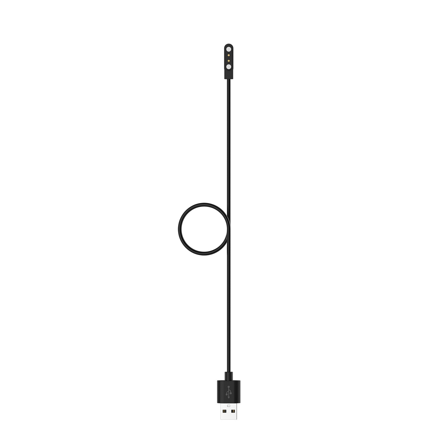 Schwarzes Smartwatch-Ladekabel. Es hat ein rundes Ende, ein langes Kabel und einen USB-Anschluss unten. Der Hintergrund ist weiß.