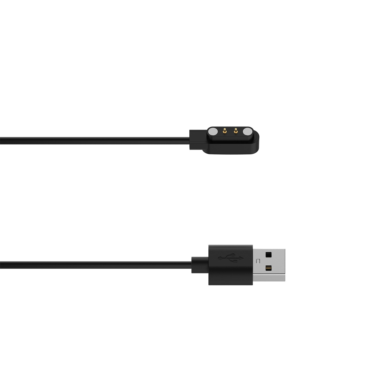Schwarzes Ladekabel mit USB-Anschluss und magnetischem Ladekopf. Das Kabel befindet sich auf weißem Hintergrund.