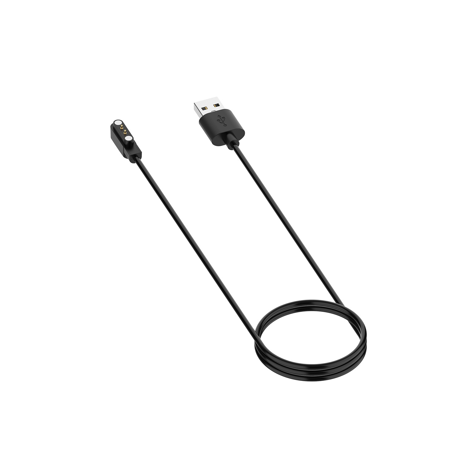 Ein schwarzes Smartwatch-Ladekabel mit USB-Anschluss und kreisförmigem Ladekopf, in der Mitte aufgerollt, isoliert auf Weiß.