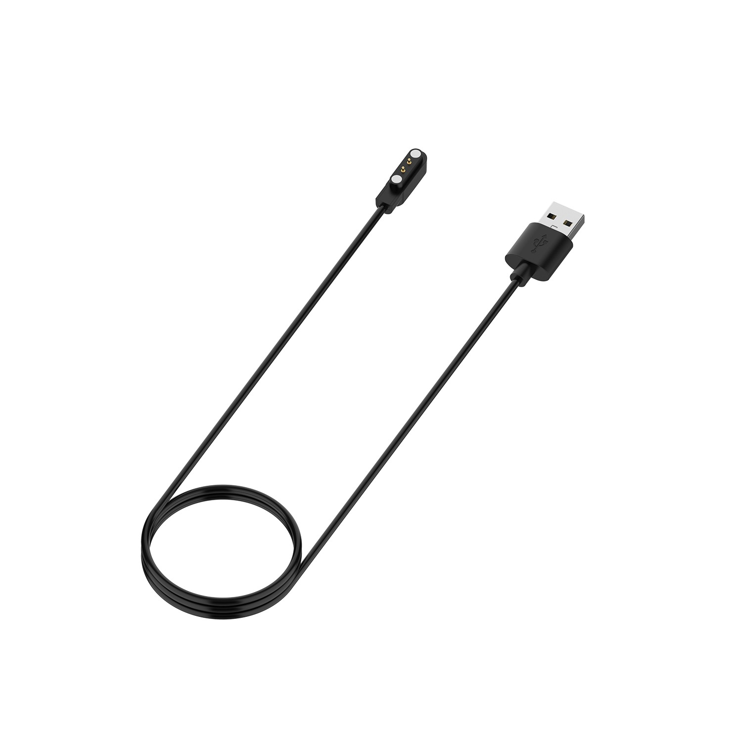 Schwarzes Ladekabel mit USB- und Magnetanschlüssen, in einer Schlaufe aufgerollt. Weißer Hintergrund.