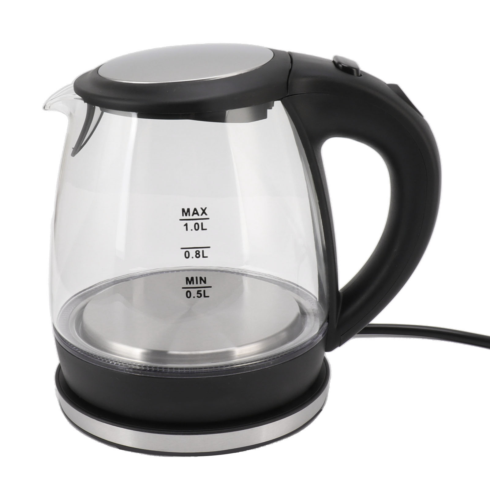 Ein transparenter elektrischer Glaskessel mit schwarzem Griff und Boden, der Wasserstandsanzeigen aufweist.