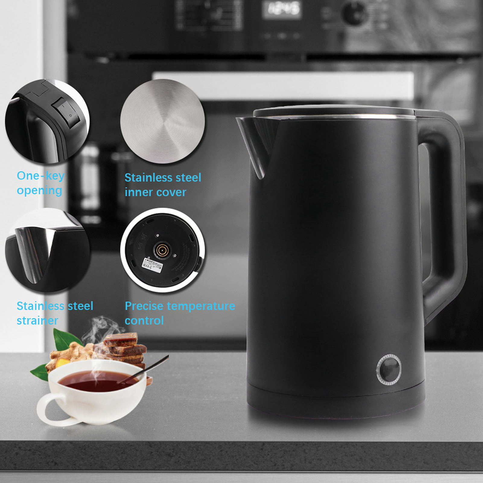 Schwarzer Wasserkocher mit Ein-Knopf-Öffnung, Edelstahlteilen und Temperaturregelung, neben einer Teetasse mit Tee.